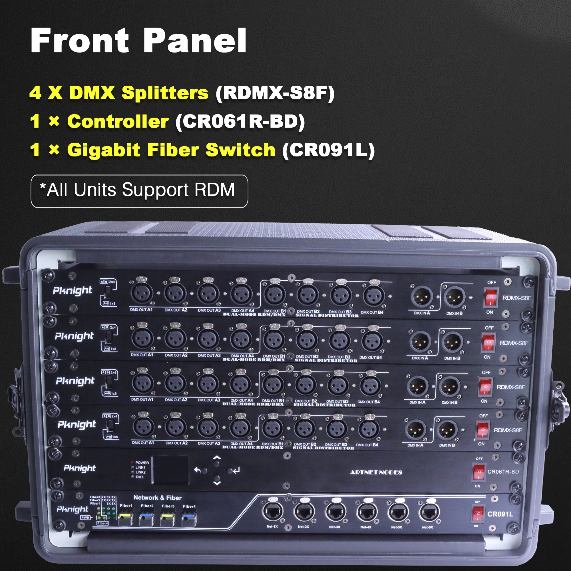 Pknight 19″ Rackmount Lighting and Network System,All in One Touring Rack with 4 RDM Splitters,ArtNet Controller and 12 Port Gigabit Fiber Switch,Professional Flight Case for Stage Lighting