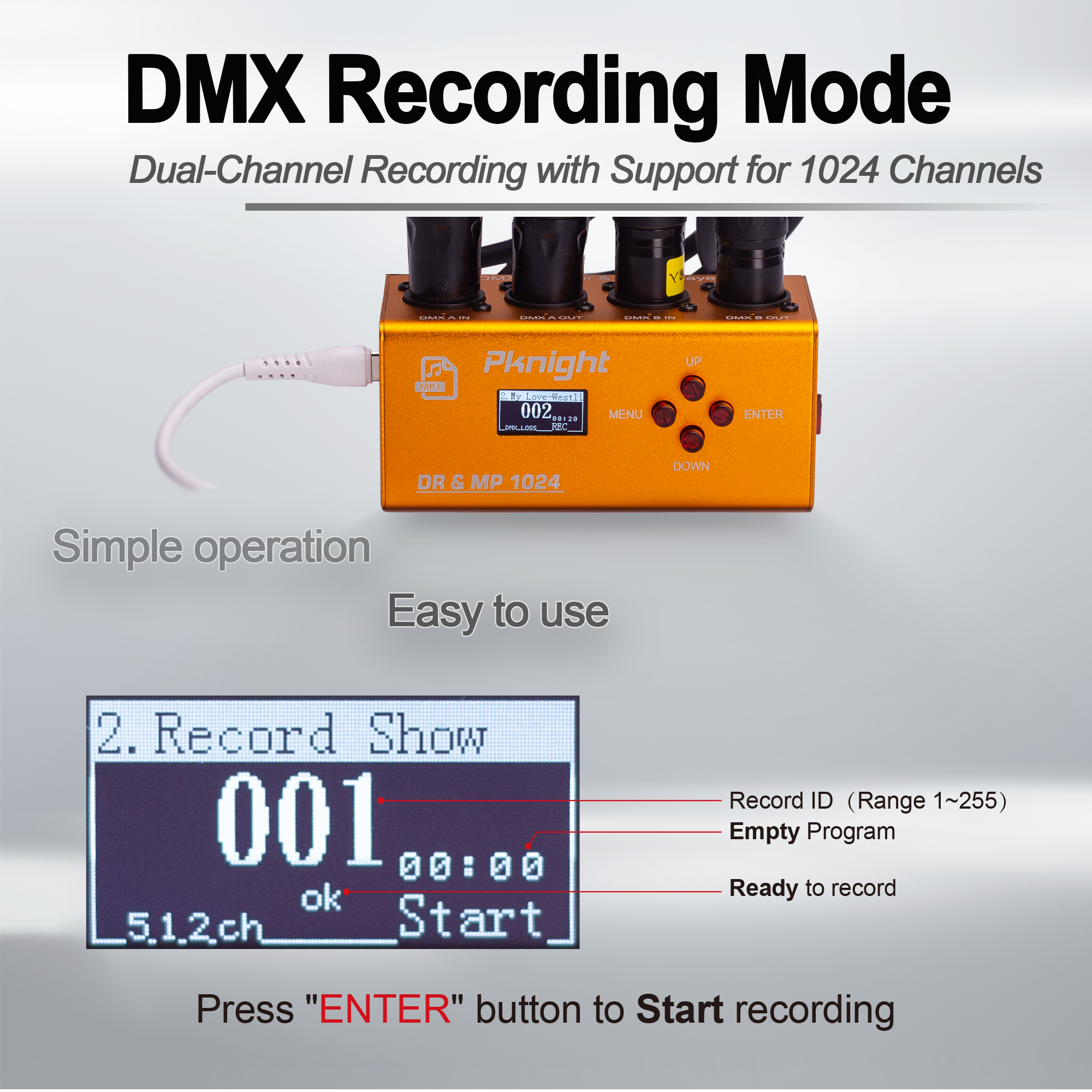 Pknight DMX Recorder and Music Player with 32GB Storage, 2 Universe, 1024 Channels, Multiple Playback Modes Stage Lighting Controller, DR & MP 1024