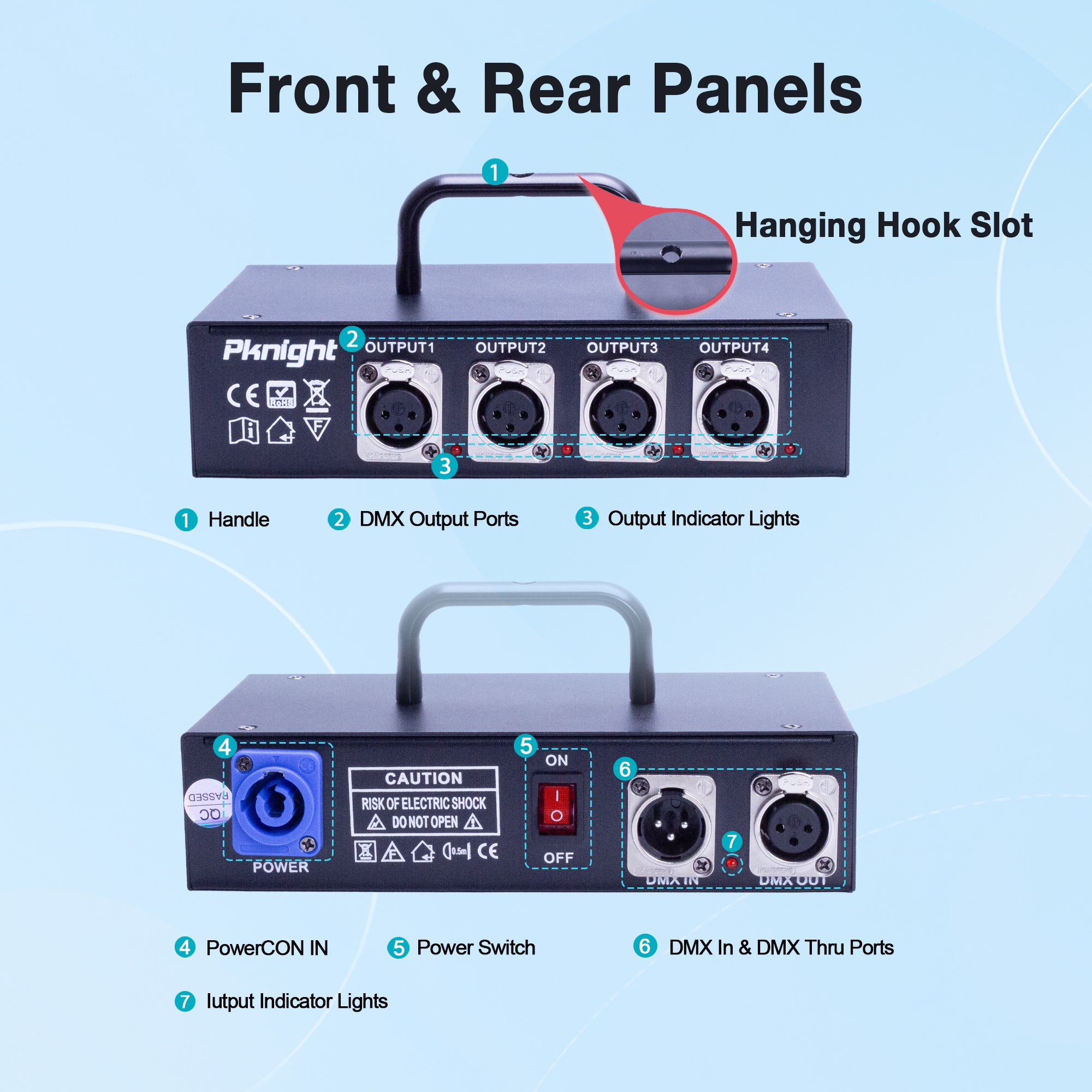 Pknight 4-Channel DMX512 Signal Splitter, Optically Isolated DMX Splitter 1 In/1 Thru/4 Out, DMX Distributor for Stage Lighting