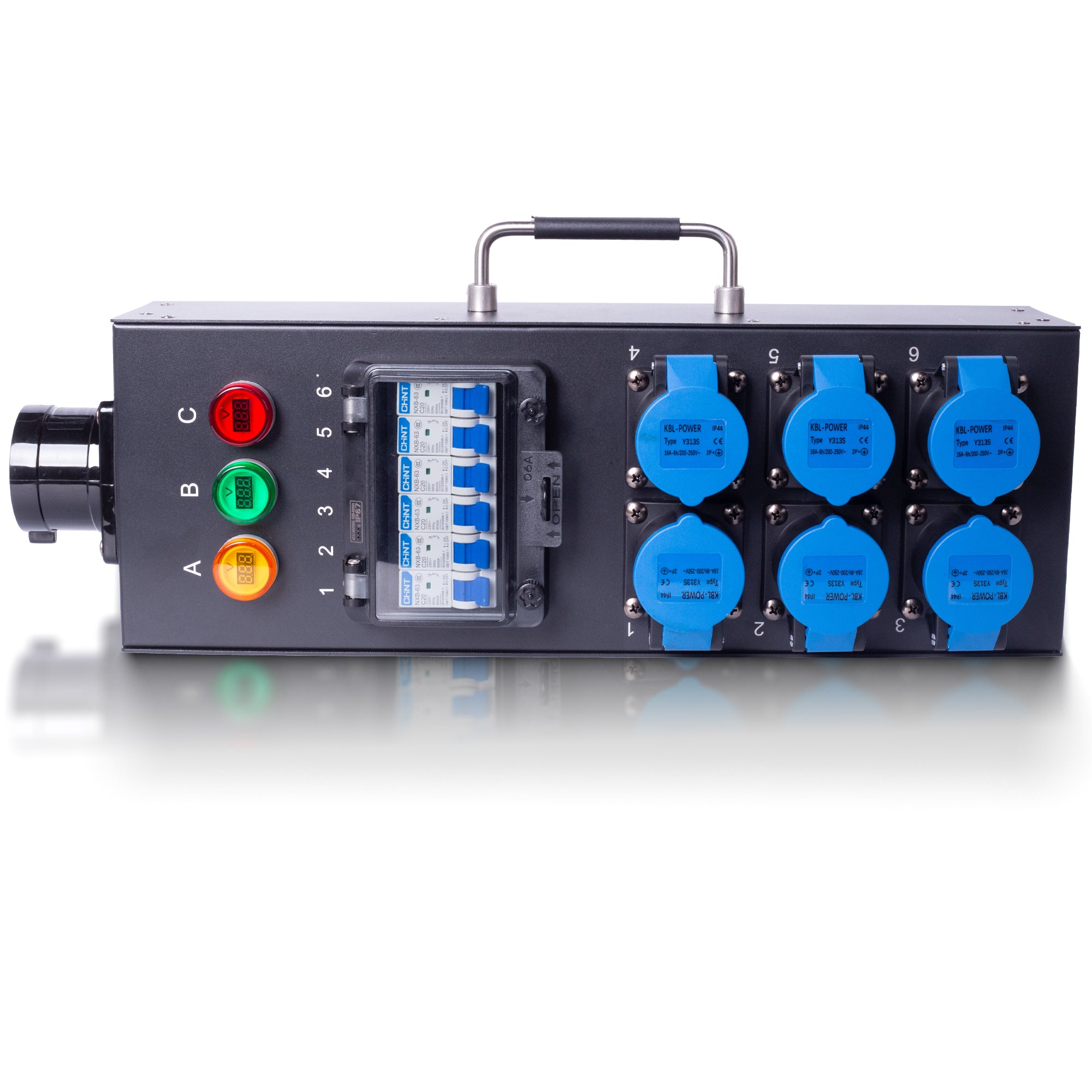 PKnight Non-Waterproof 6-Channel Stage Power Distribution Box, 5-Pin Three-Phase Power Input, 6 Blue Output Sockets, Circuit Breakers and A/B/C Voltage Indicators for Indoor Stage Lighting