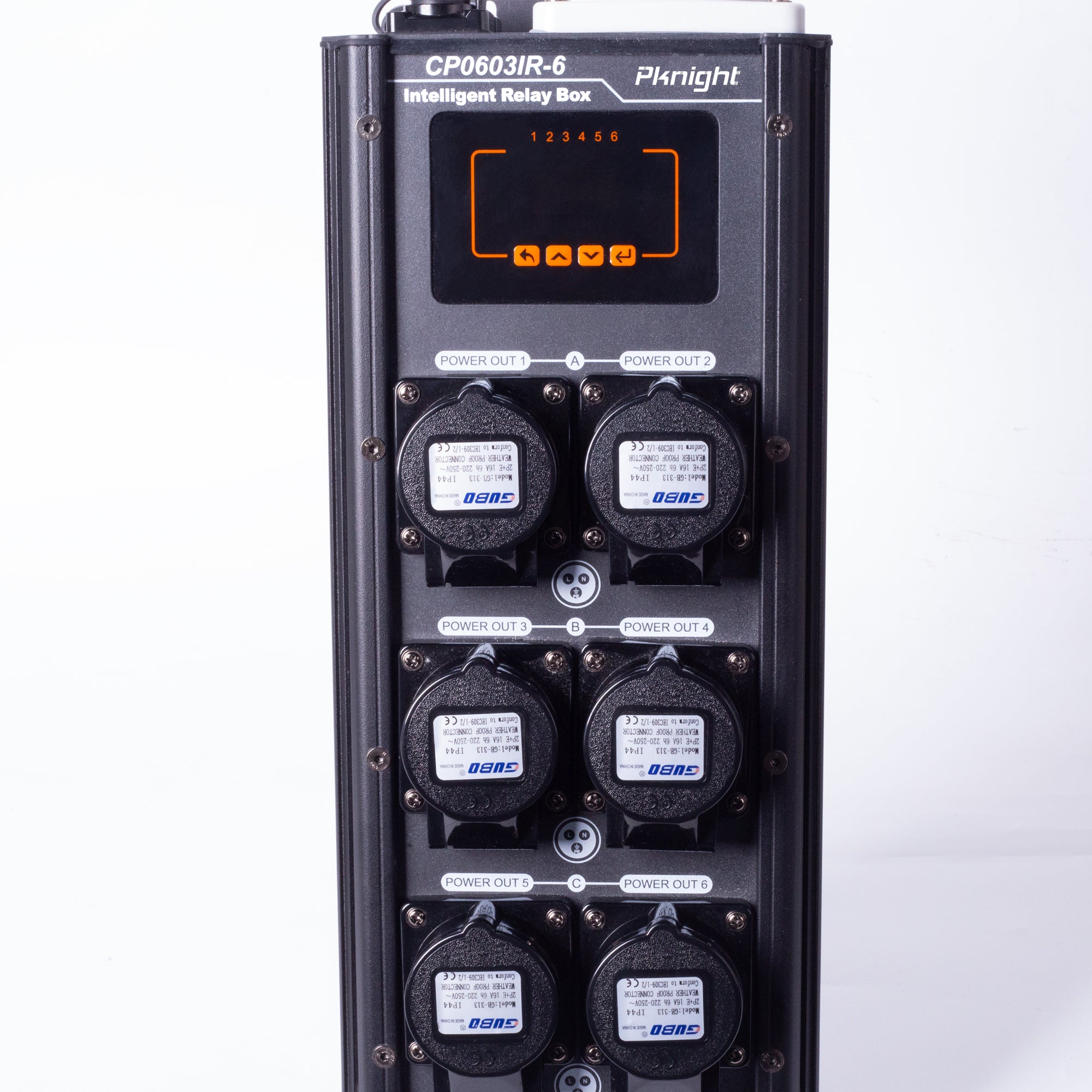 PKnight CP0603IR-6 Intelligent Relay Box, 6-Channel Stage Power Distributor with 5-Pin Industrial Power Input, 6 Power Output Sockets, Digital Control Display, DMX IN/OUT Ports and Rugged Black Enclosure for Stage Lighting, Events and Touring