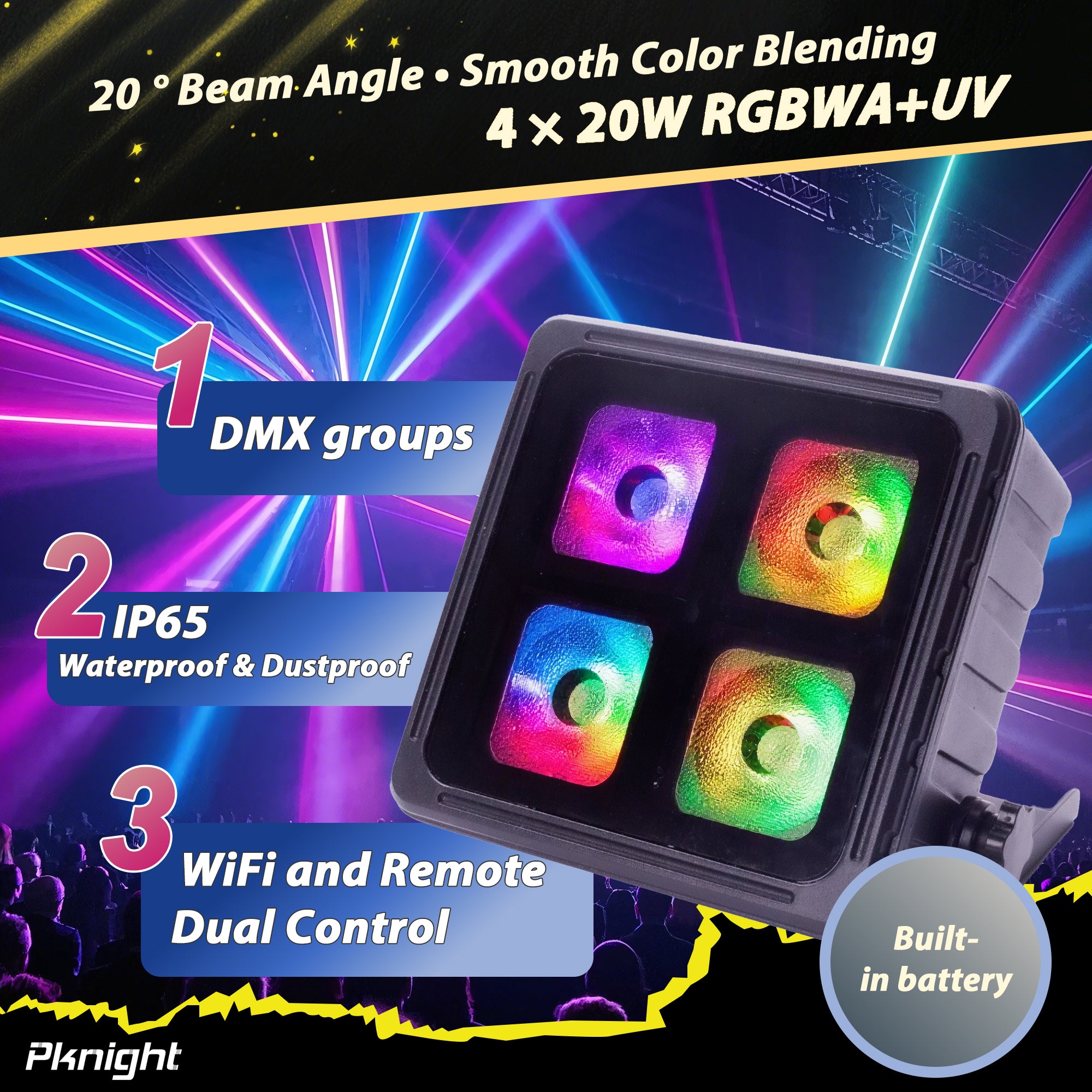 PKnight Wireless Stage Uplight with Battery & Guangzhou Protocol, 4×20W RGBWA+UV, Group Control, WiFi, IP65, Fanless for Events and Rentals