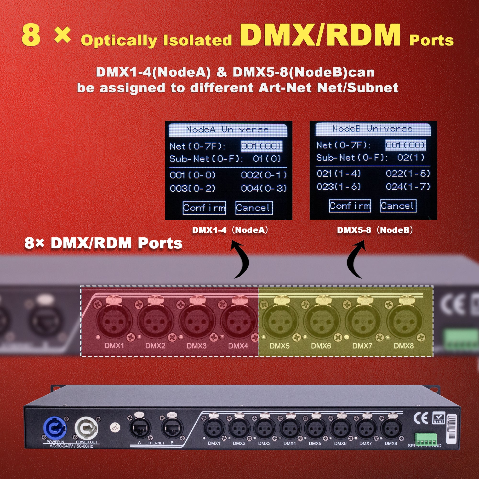 Pknight RDM ArtNet DMX Controller, 8-Port Bi-directional DMX/RDM Node with DHCP, Optical Isolation and Rackmount Stage Lighting Network Converter