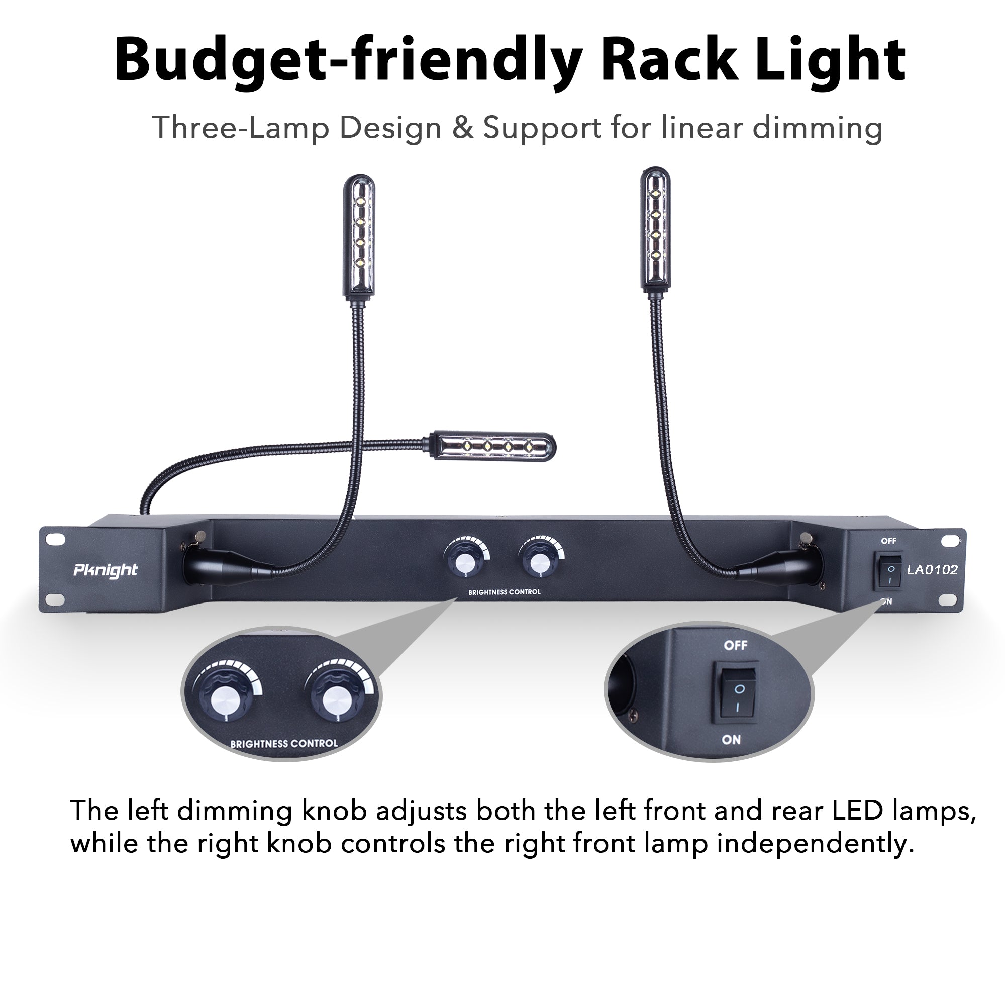 Pknight Rack Mount Gooseneck LED Light, 3 Dimmable Lamps, PowerCON Input, Brightness Control, Detachable XLR, Metal Housing – LA0102