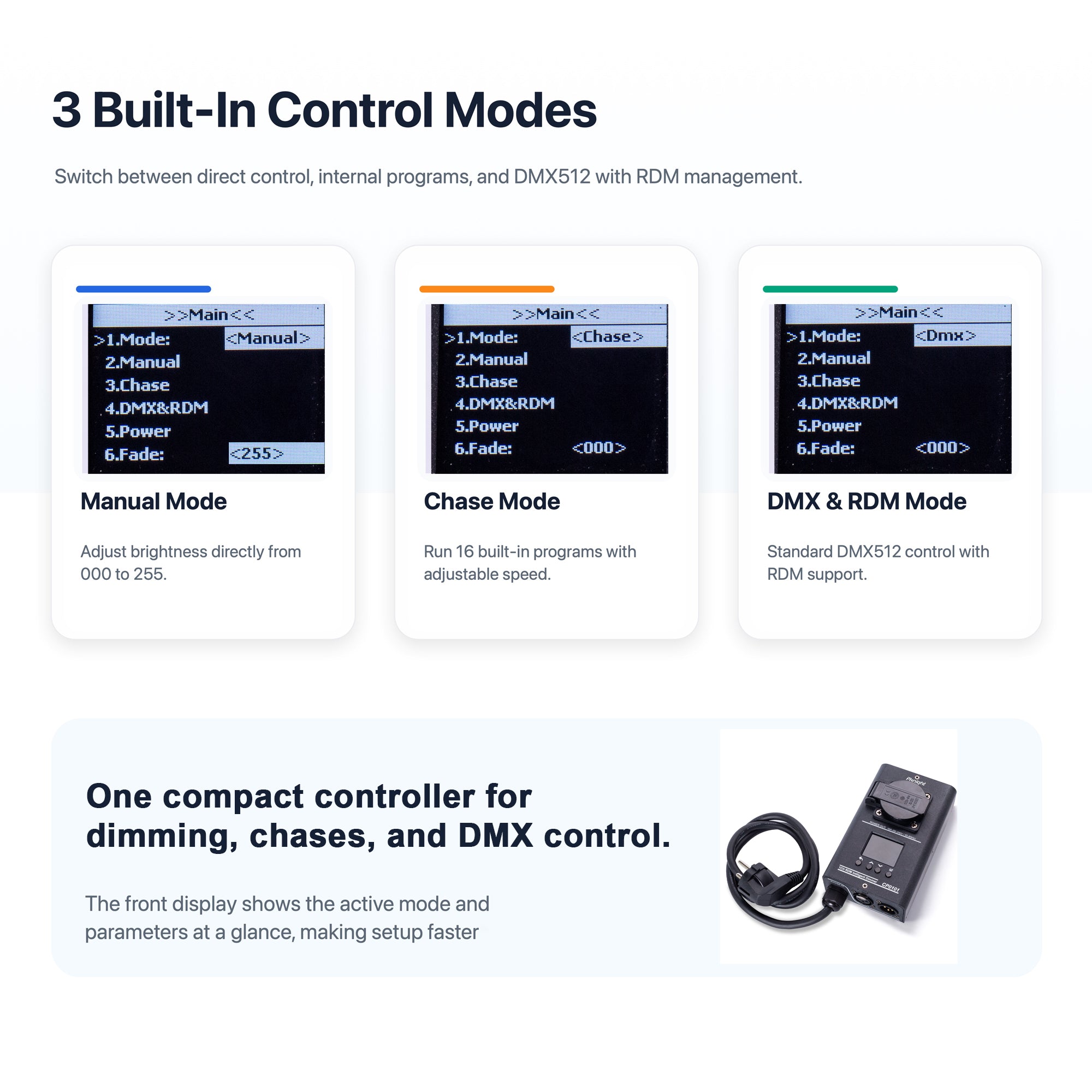 1-Channel DMX Dimmer Pack, RDM/DMX512 Lighting Controller, 10A AC 90-240V, for Dimmable AC LED Strip Lights and Halogen Bulbs, Manual, Chase and DMX Modes