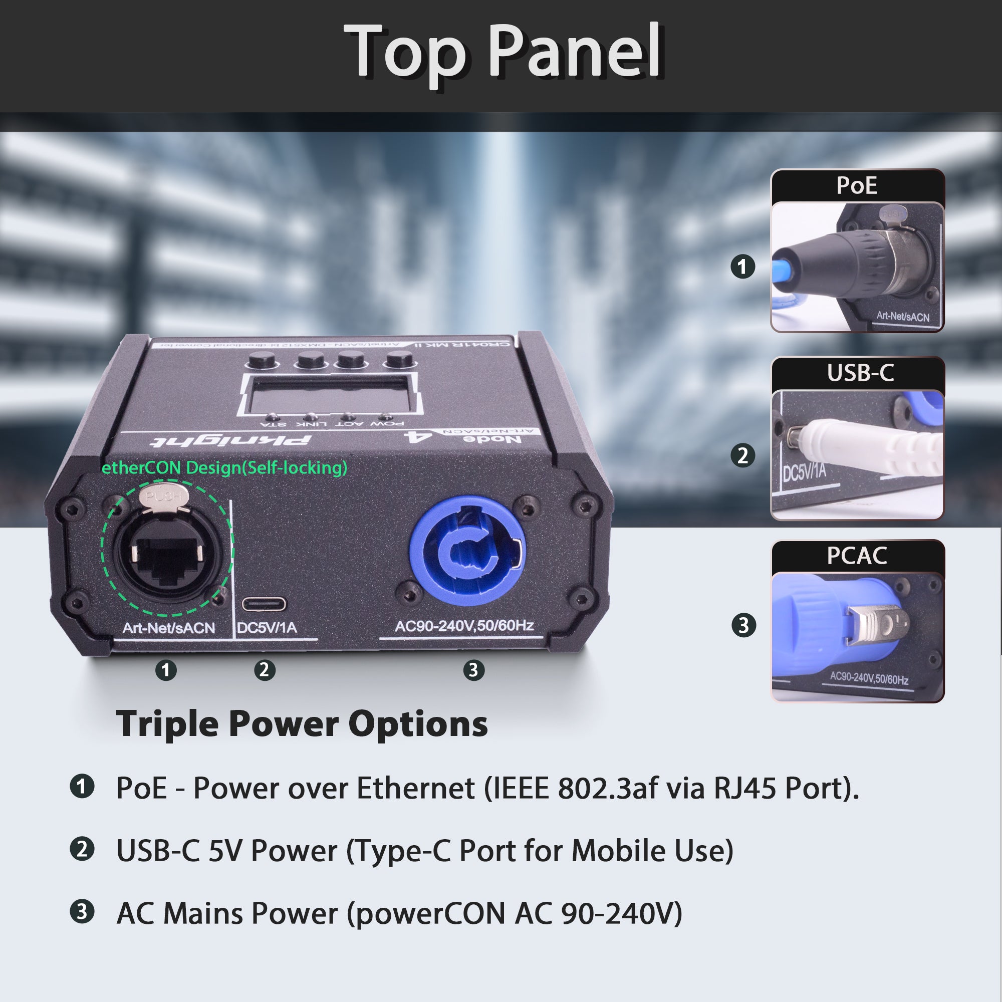 Pknight 4-Port Bi-Directional Art-Net/sACN to DMX512 Converter, a Compact Node with PowerCON, PoE & USB-C for Stage Lighting – CR041R MK II