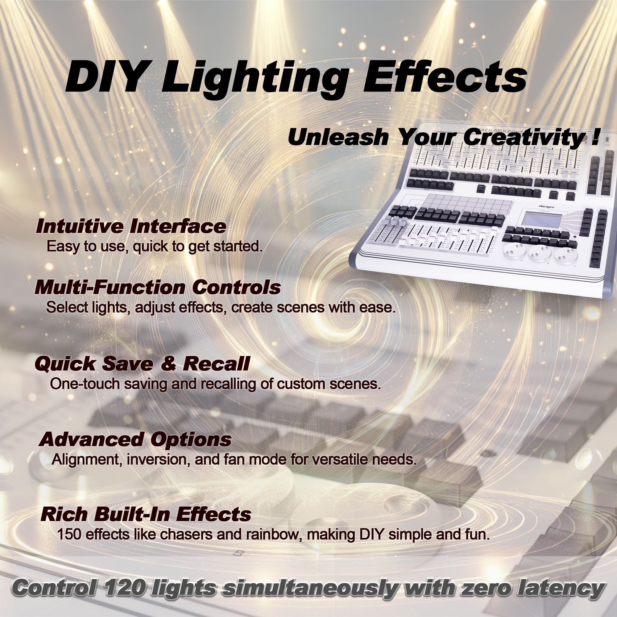 Pknight 1024CH DMX Moving Controller,120 Intelligent Lights, Zero-Latency Signal, 150 Built-In Effects, DIY Customization