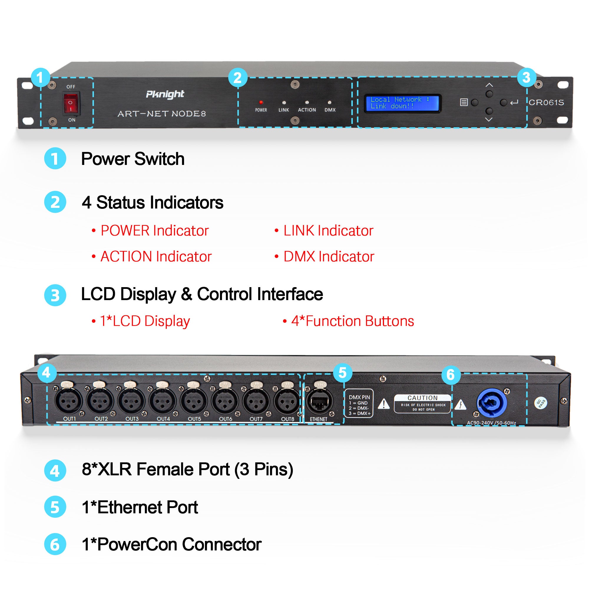 Pknight ArtNet DMX Interface, 8-Channel, 19" Rack, 1U Stage Lighting Network Control , CR061S