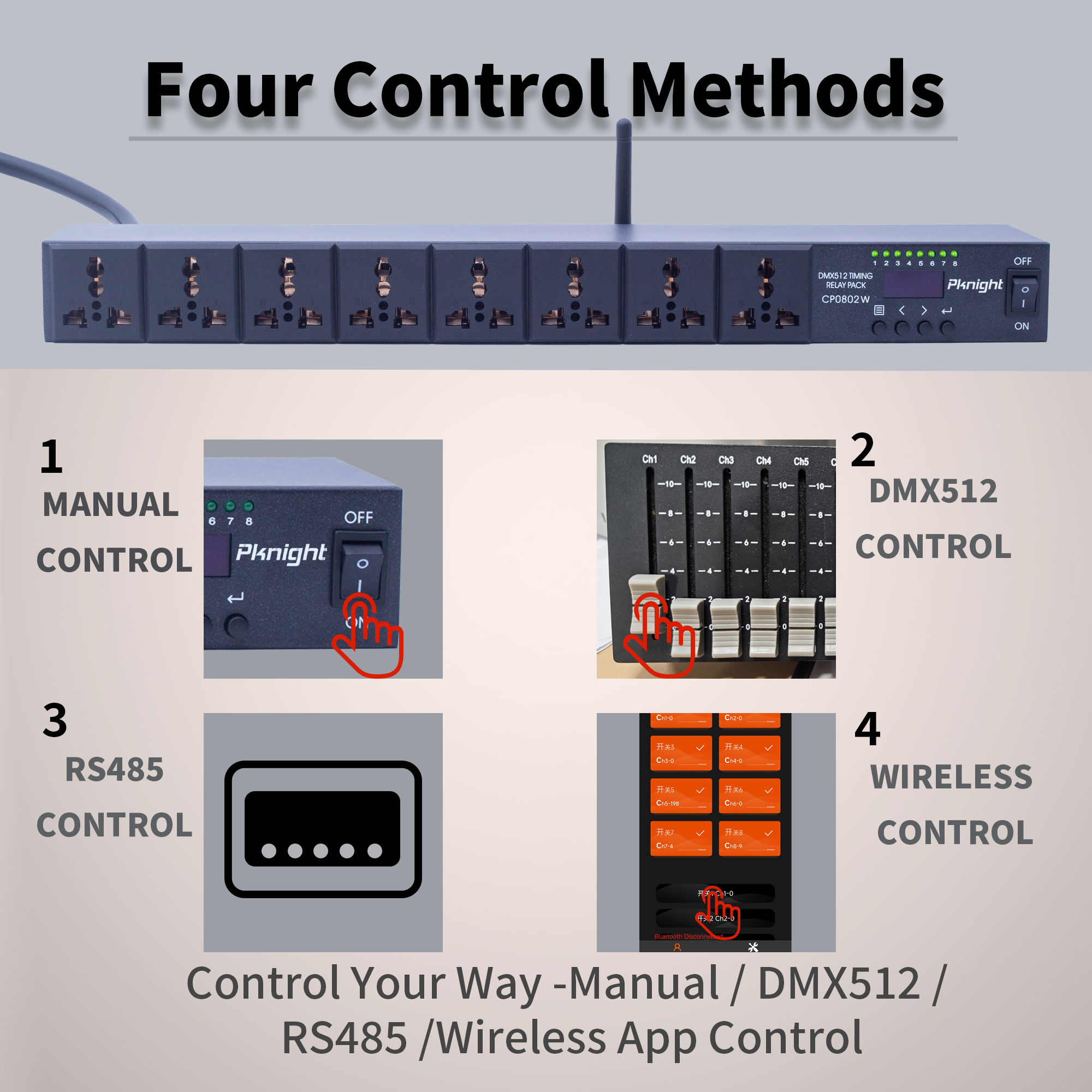 Pknight 2.4G Wireless WiFi & RS485 8-Outlet Smart PDU DMX Relay – Programmable Power Sequencer with DMX512 Control, Rack-Mount Power Distribution Unit for Home & Studio