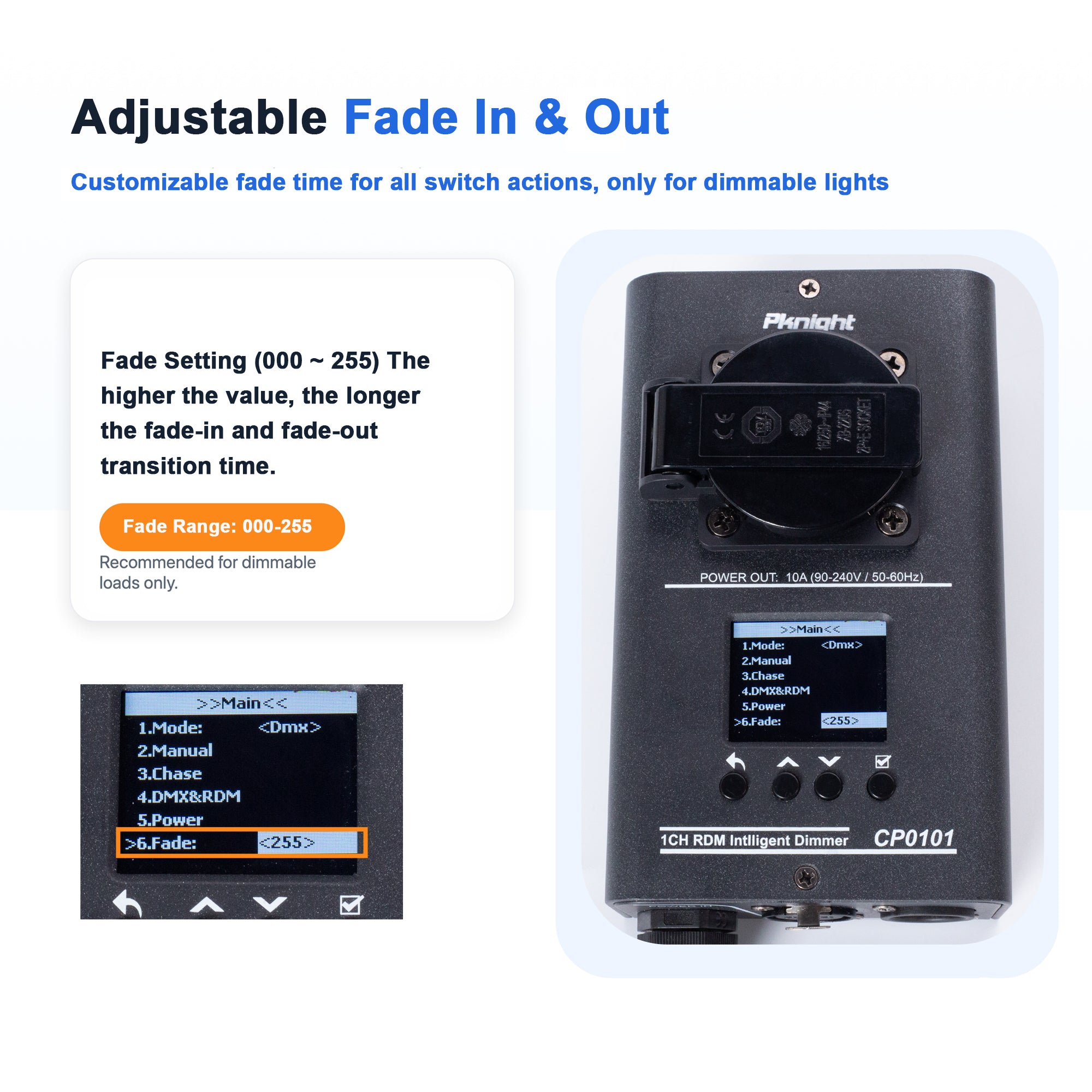 1-Channel DMX Dimmer Pack, RDM/DMX512 Lighting Controller, 10A AC 90-240V, for Dimmable AC LED Strip Lights and Halogen Bulbs, Manual, Chase and DMX Modes