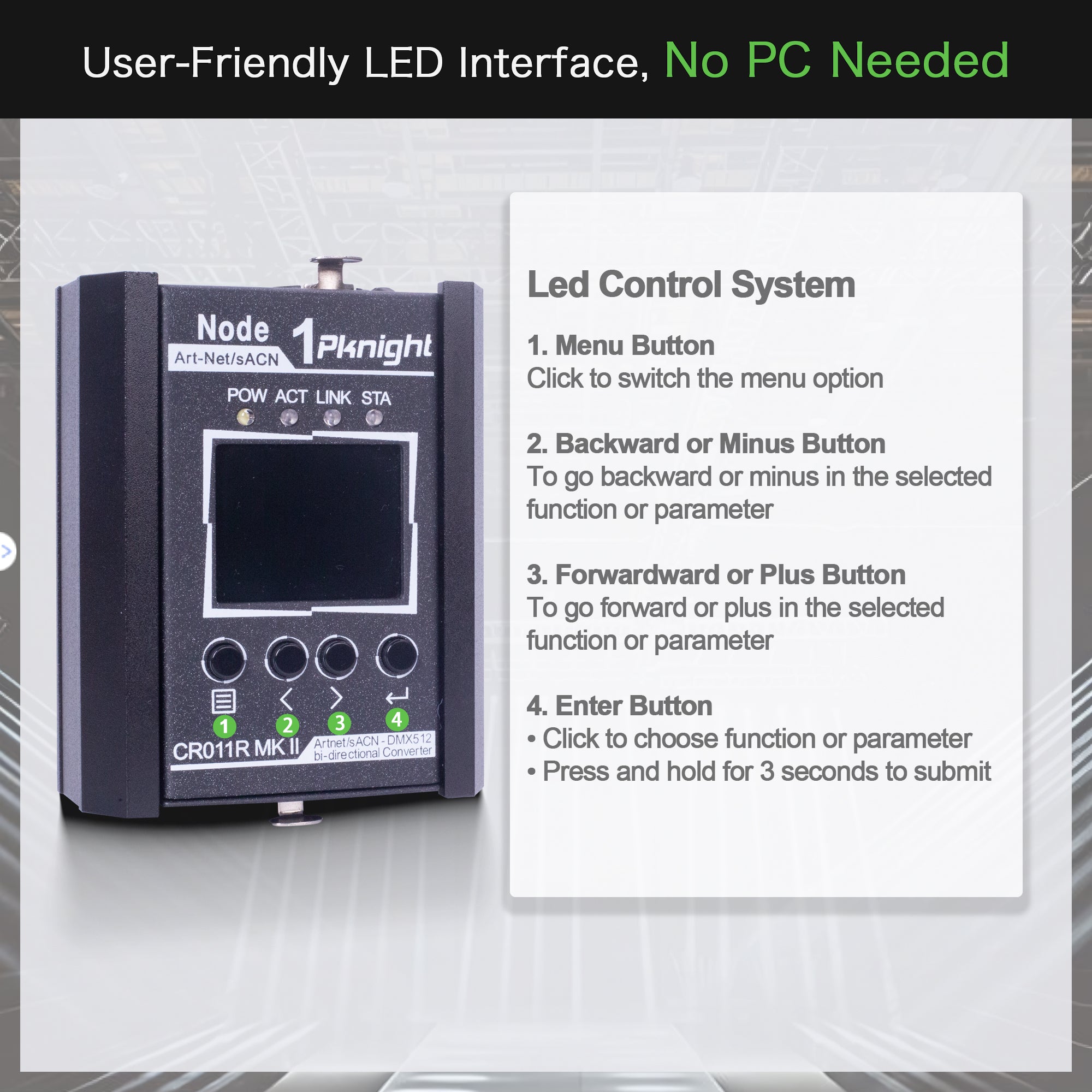 Pknight 1-Port Bi-Directional Art-Net/sACN to DMX512 Converter, a Compact Node with LED Display for Stage Lighting – CR011R MK II 3pin