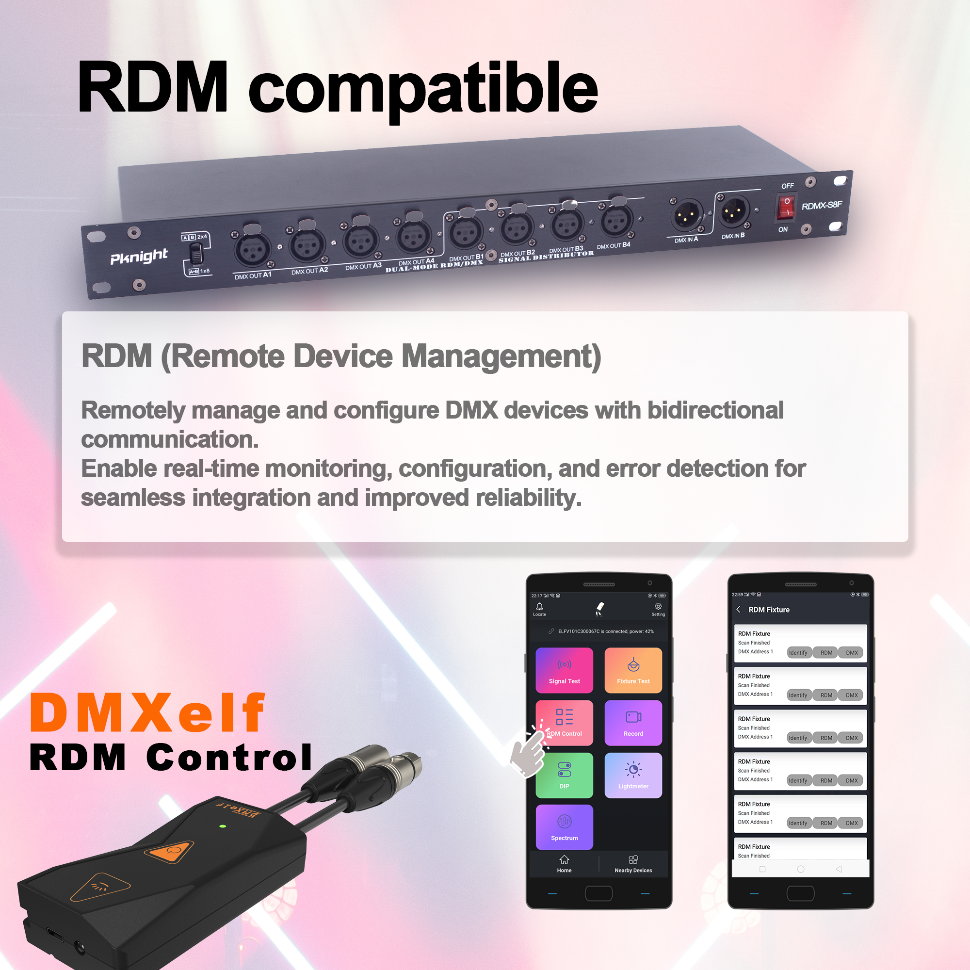 Pknight 8-Port RDM DMX Splitter with Dual Input, PowerCON Linking,Optional Isolation and Signal Amplifier Distributor for Stage Lighting RDMX-S8F