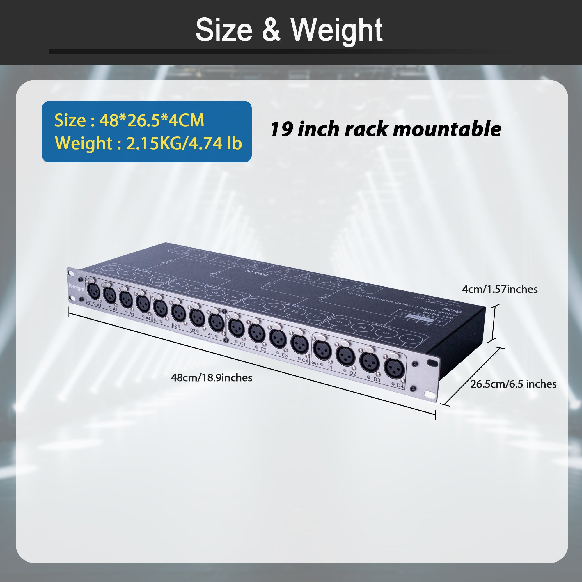 Pknight 16-Output DMX & RDM Splitter, 4×4 DMX Distributor with Optical Isolation, LED Signal Indicators, Rack-Mount Stage Lighting Hub