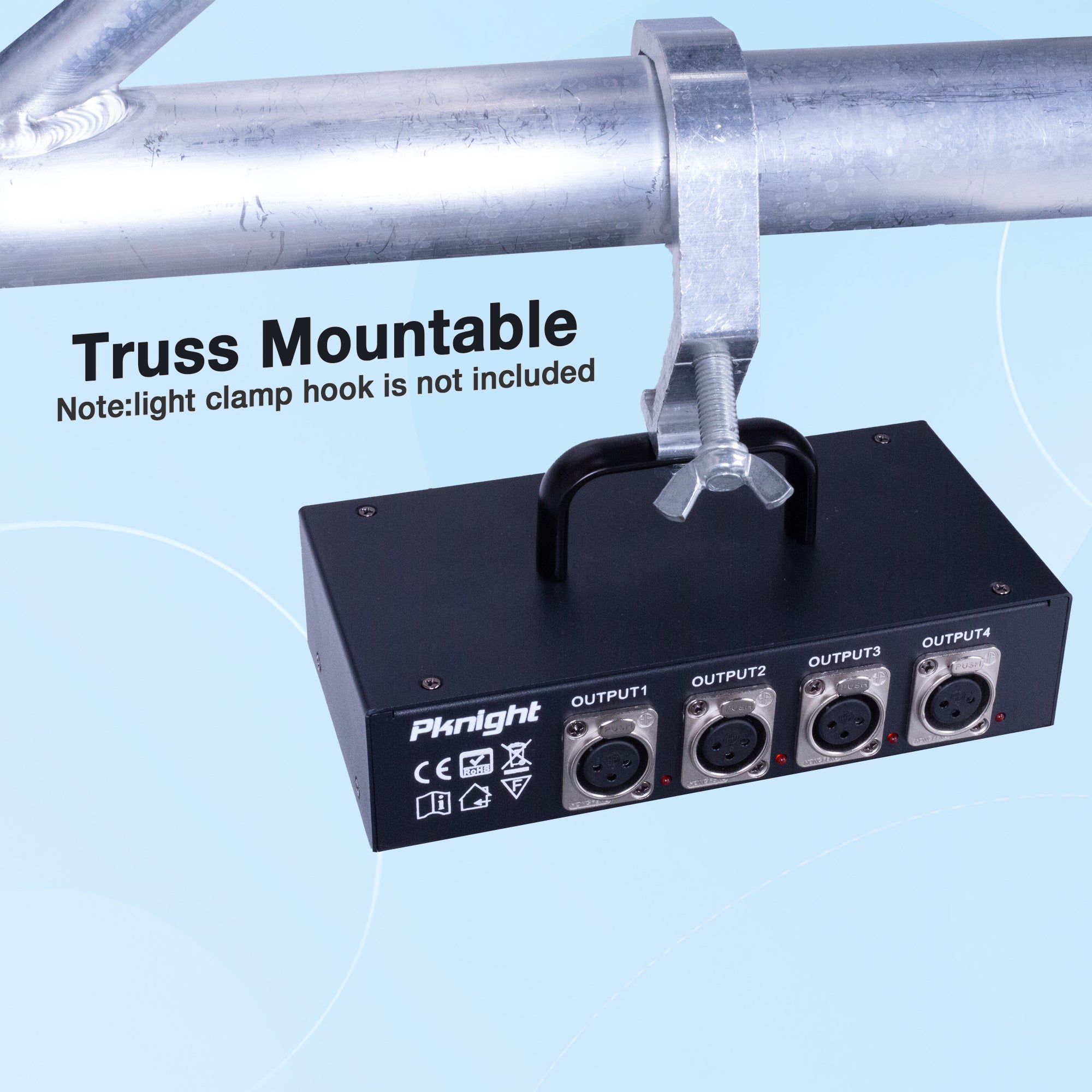 Pknight 4-Channel DMX512 Signal Splitter, Optically Isolated DMX Splitter 1 In/1 Thru/4 Out, DMX Distributor for Stage Lighting