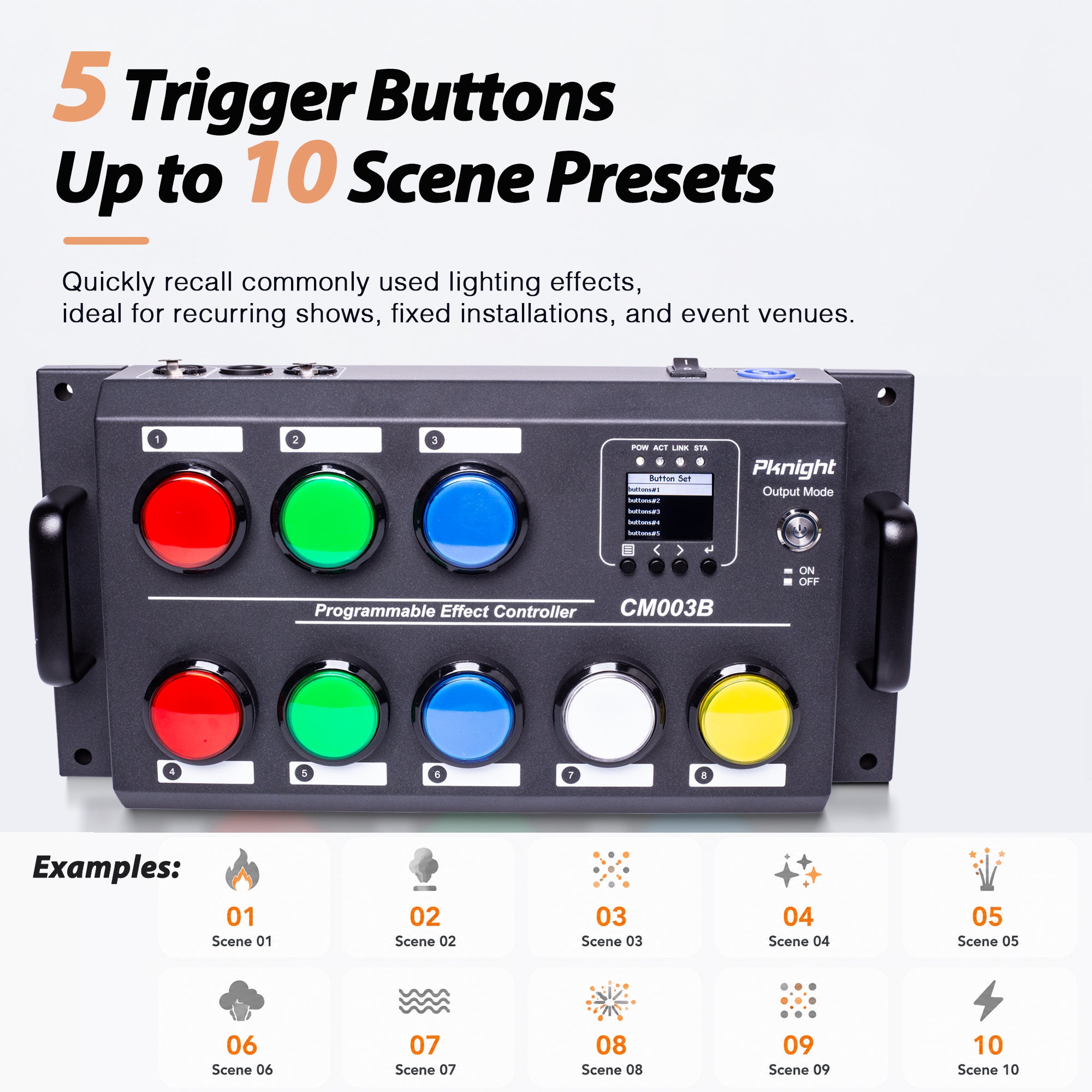 CM003B 8-Button DMX Scene Recorder Controller, 16 Scene Actions, 18650 Battery Slot, DMX512 Art-Net sACN Playback