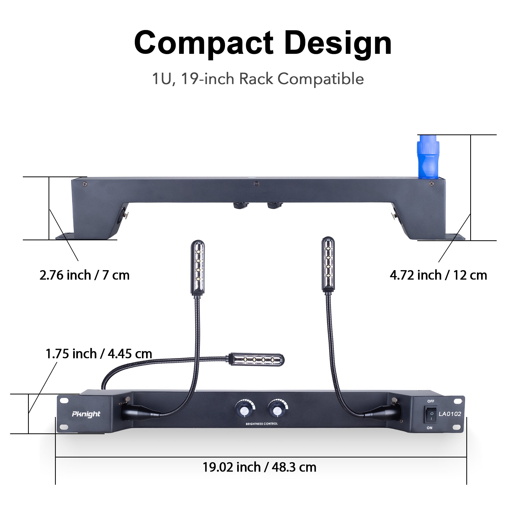 Pknight Rack Mount Gooseneck LED Light, 3 Dimmable Lamps, PowerCON Input, Brightness Control, Detachable XLR, Metal Housing – LA0102
