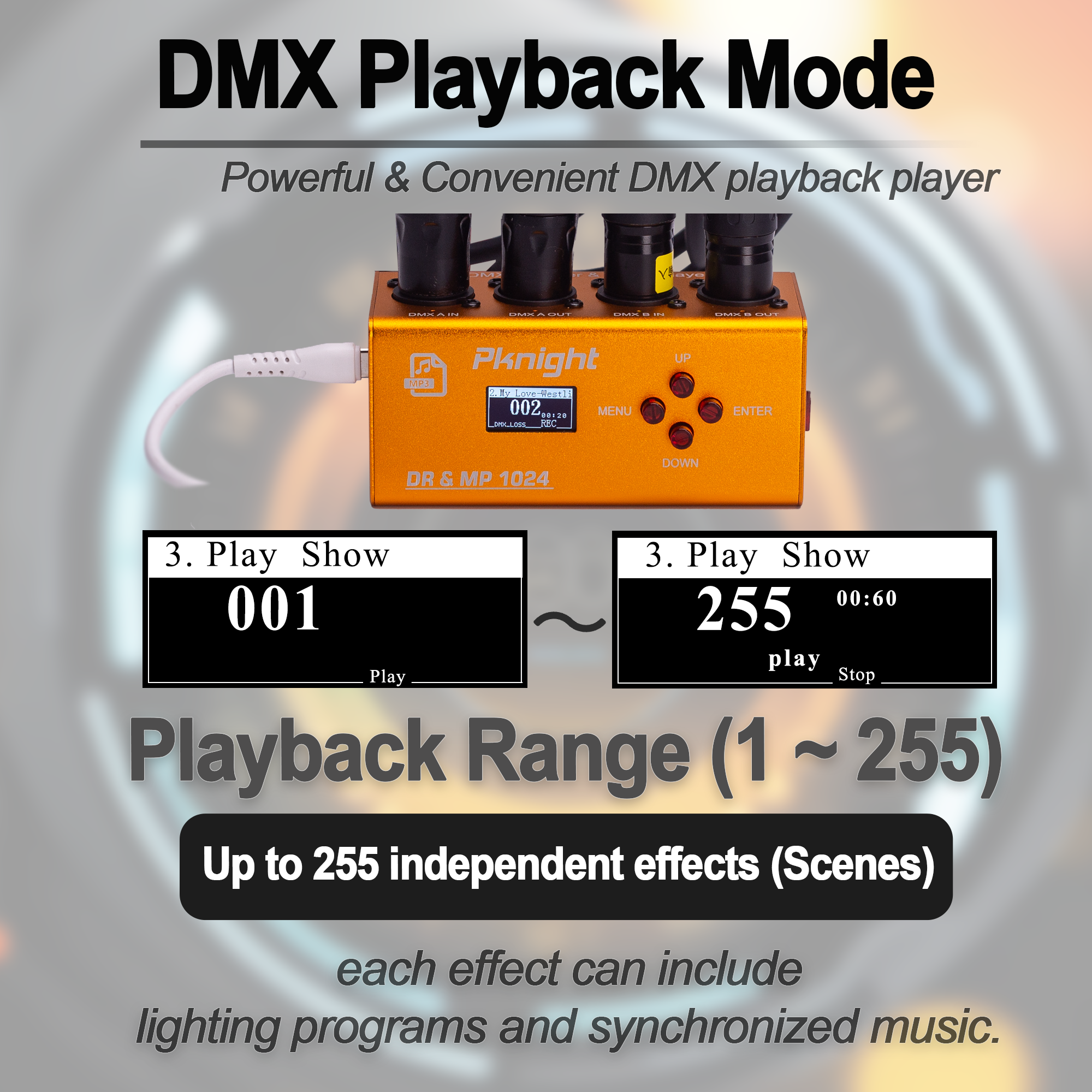 Pknight DMX Recorder and Music Player with 32GB Storage, 2 Universe, 1024 Channels, Multiple Playback Modes Stage Lighting Controller, DR & MP 1024