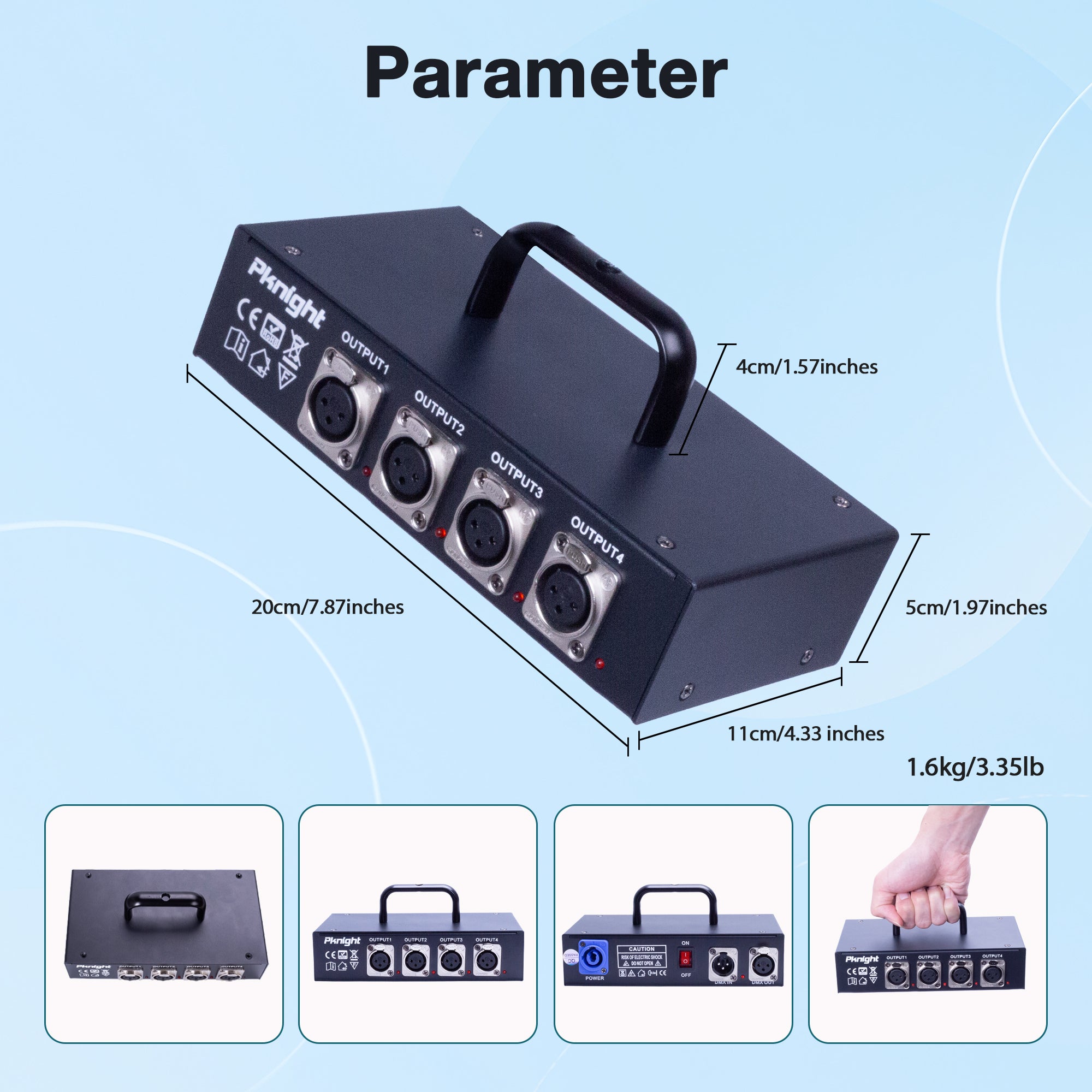 Pknight 4-Channel DMX512 Signal Splitter, Optically Isolated DMX Splitter 1 In/1 Thru/4 Out, DMX Distributor for Stage Lighting