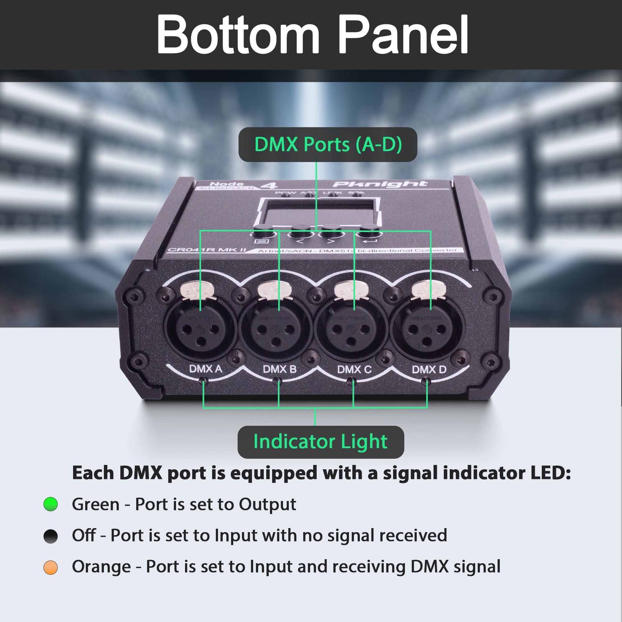 Pknight 4-Port Bi-Directional Art-Net/sACN to DMX512 Converter, a Compact Node with PowerCON, PoE & USB-C for Stage Lighting – CR041R MK II