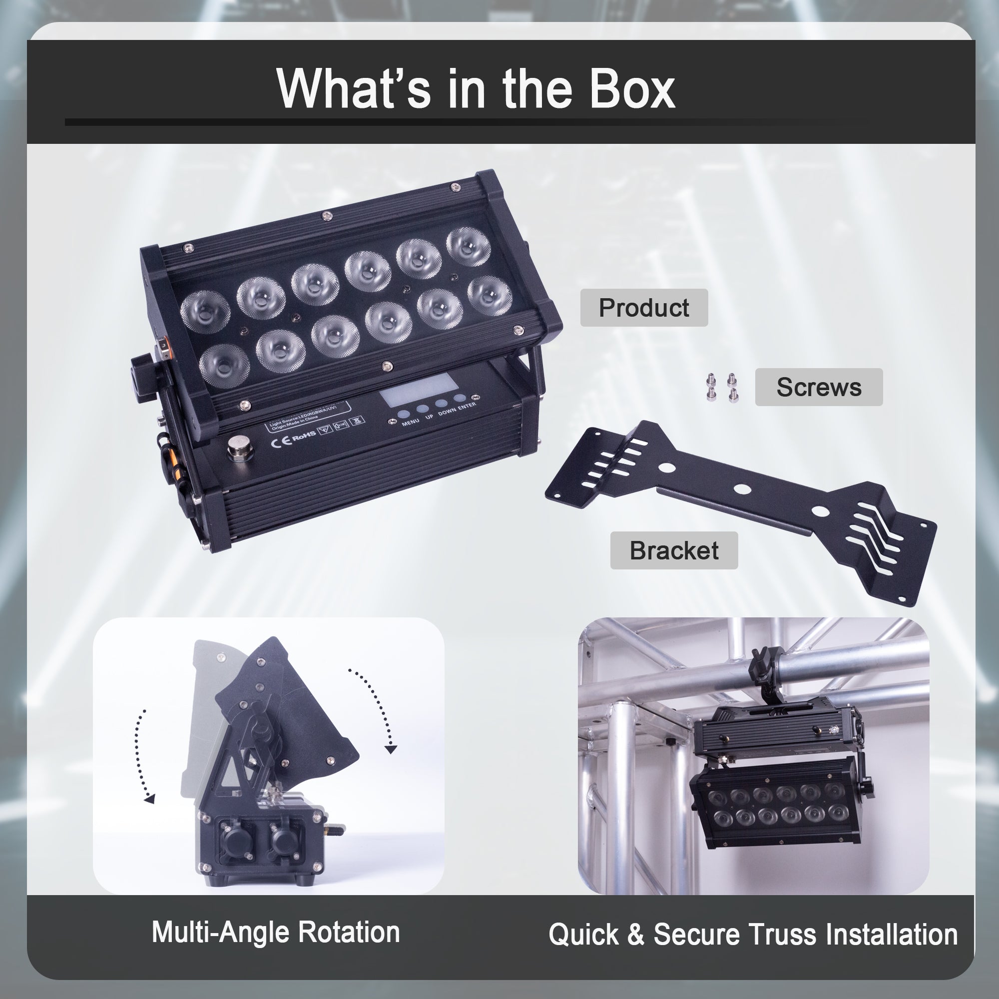 Pknight 12×18W RGBWA+UV LED Wash Light, Rechargeable Battery Powered Wireless DMX Uplighting, IP65 Waterproof Stage Lighting with APP & Sound Control for DJ Wedding Party Events