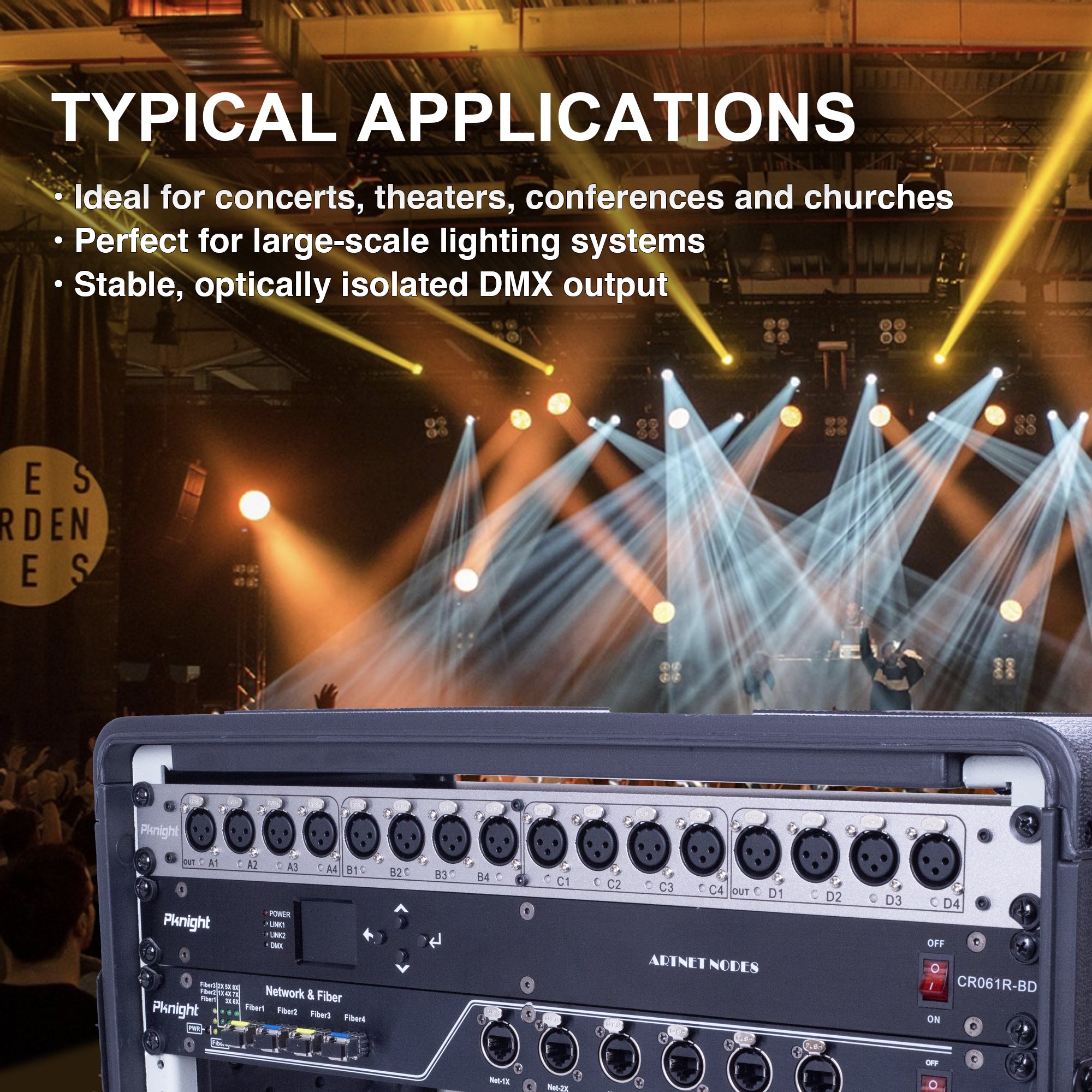 Pknight 16-Output DMX & RDM Splitter, 4×4 DMX Distributor with Optical Isolation, LED Signal Indicators, Rack-Mount Stage Lighting Hub