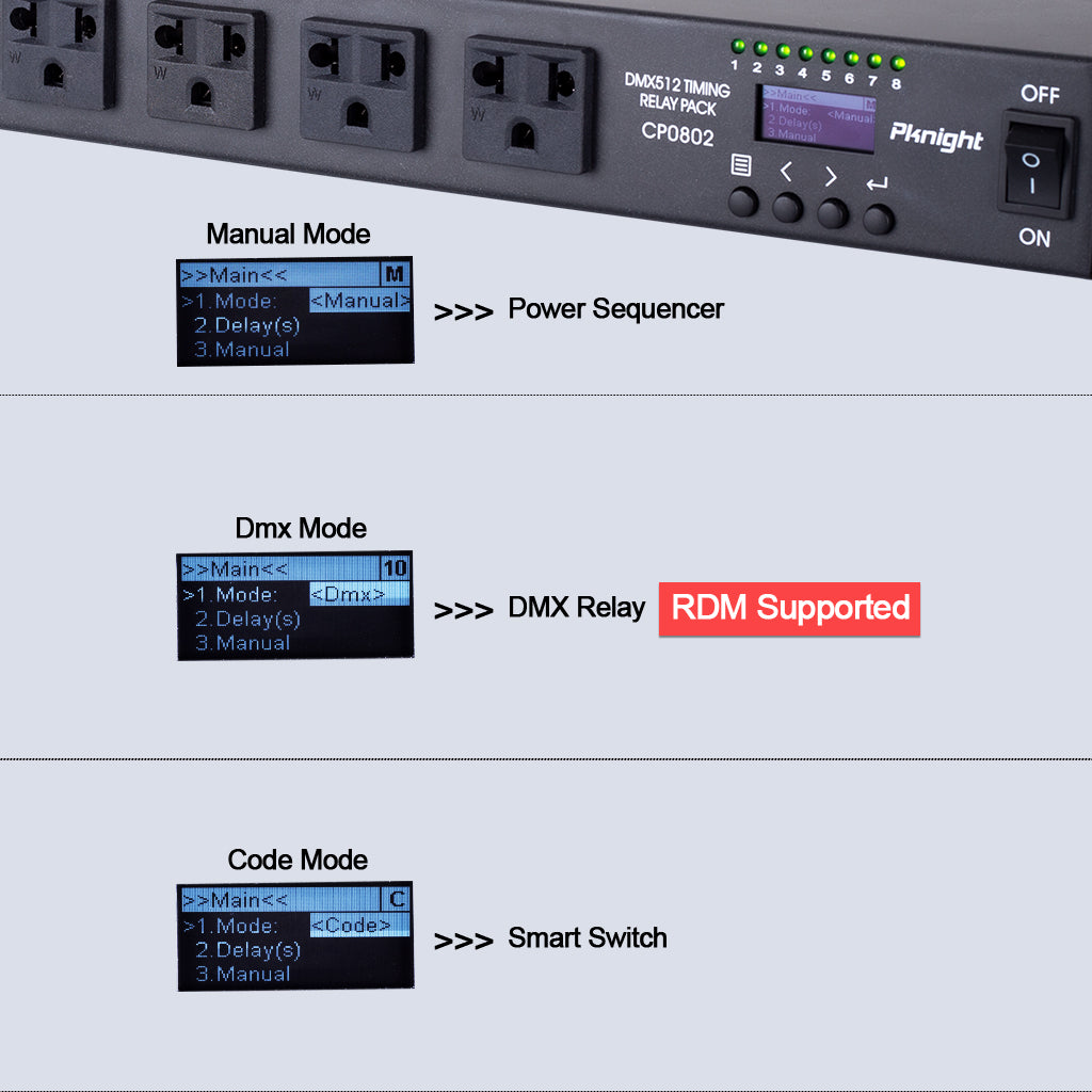 Pknight CP0802 Power Sequencer DMX & RDM Relay Pack RS485 Smart Switch