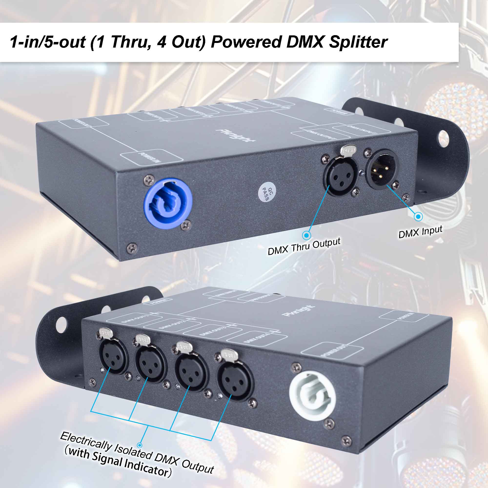Pknight 4-Channel DMX Signal Splitter with Optical Isolation and PowerCON Linking Signal Amplifier Distributor for stage lighting