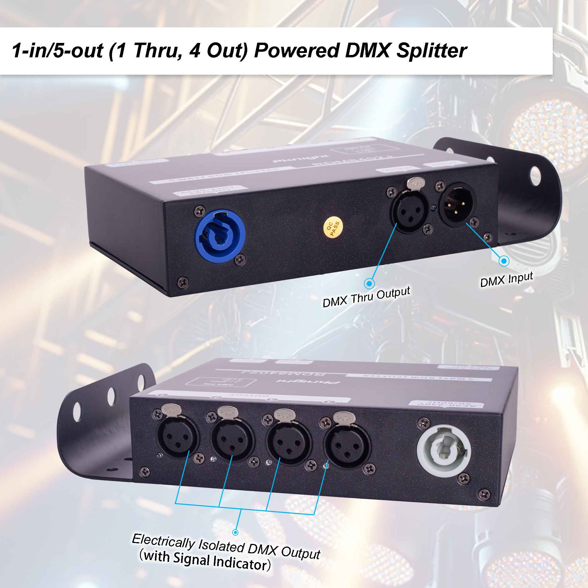 PKnight 4-Channel DMX and RDM Signal Splitter with Optical Isolation and PowerCON Linking Signal Amplifier Distributor for Stage Lighting