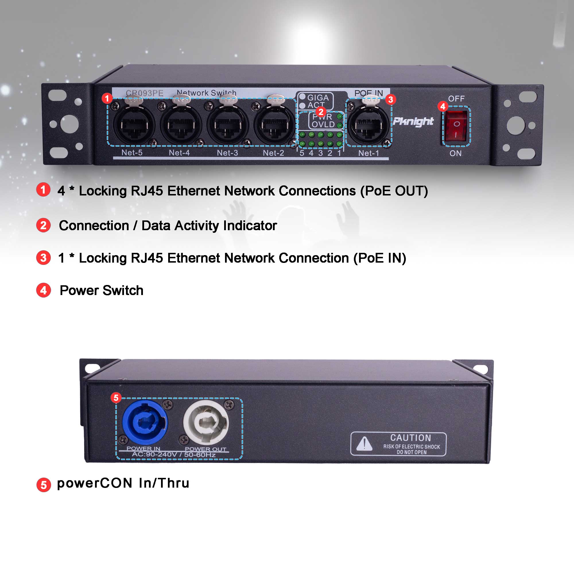 Pknight Stage Signal etherCON Network Switch POE Available