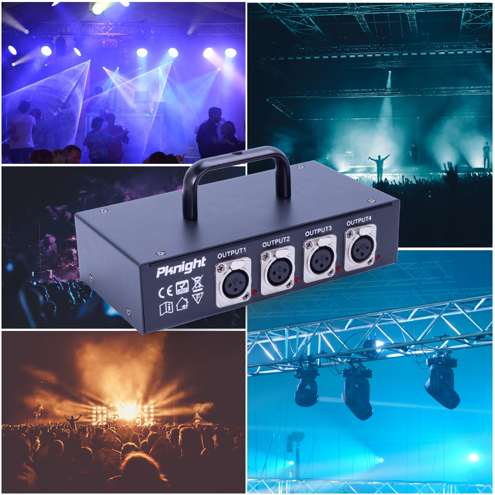 Pknight 4-Channel DMX512 Signal Splitter, Optically Isolated DMX Splitter 1 In/1 Thru/4 Out, DMX Distributor for Stage Lighting