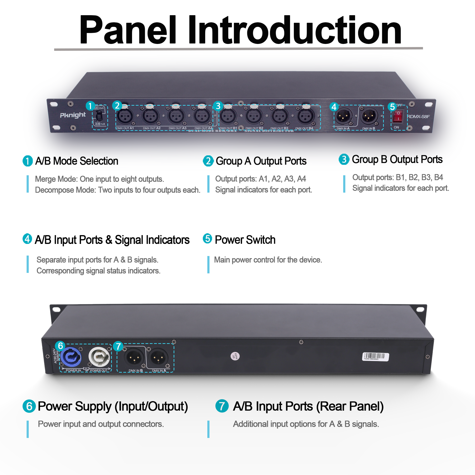 Pknight 8-Port RDM DMX Splitter with Dual Input, PowerCON Linking,Optional Isolation and Signal Amplifier Distributor for Stage Lighting RDMX-S8F