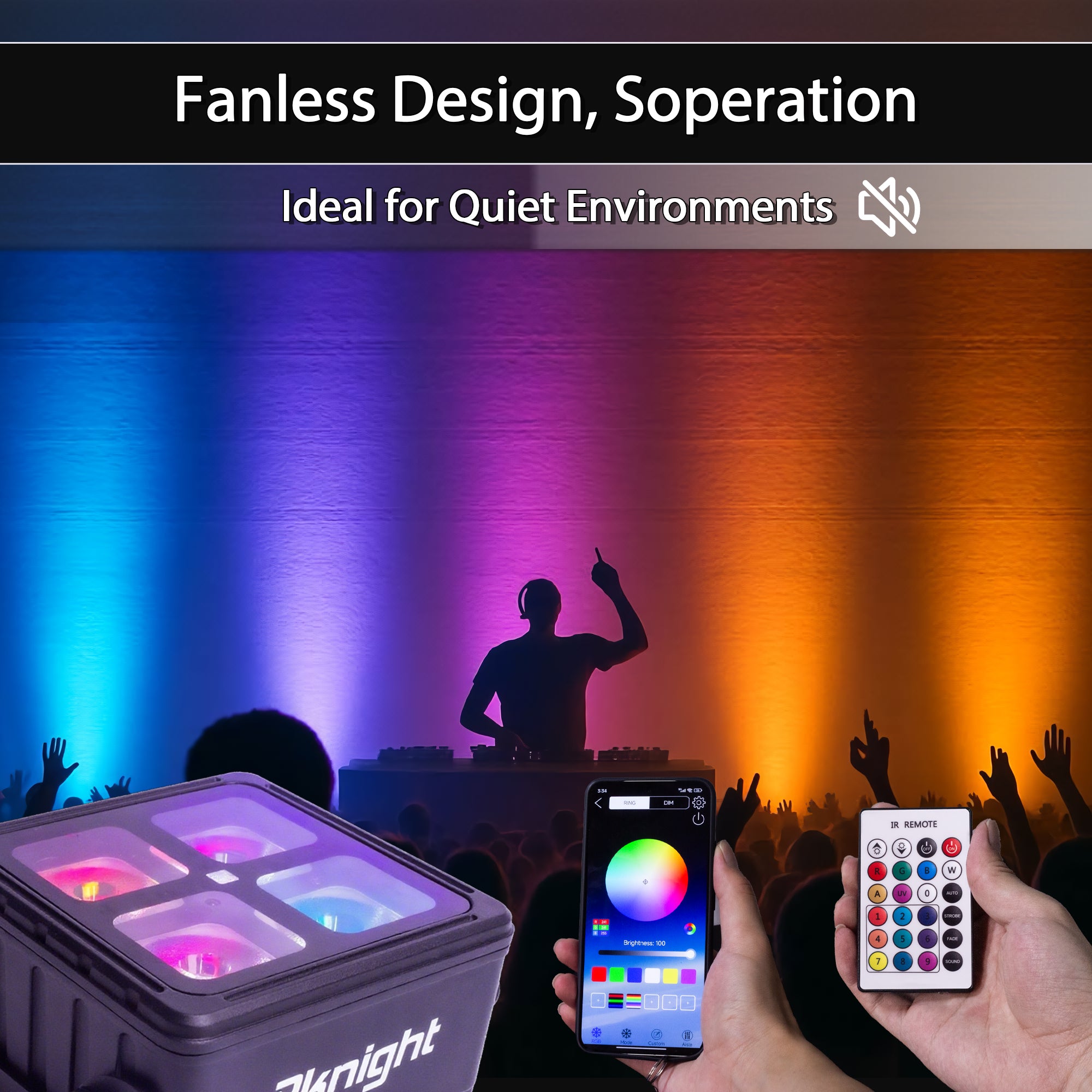 PKnight Wireless Stage Uplight with Battery & Guangzhou Protocol, 4×20W RGBWA+UV, Group Control, WiFi, IP65, Fanless for Events and Rentals