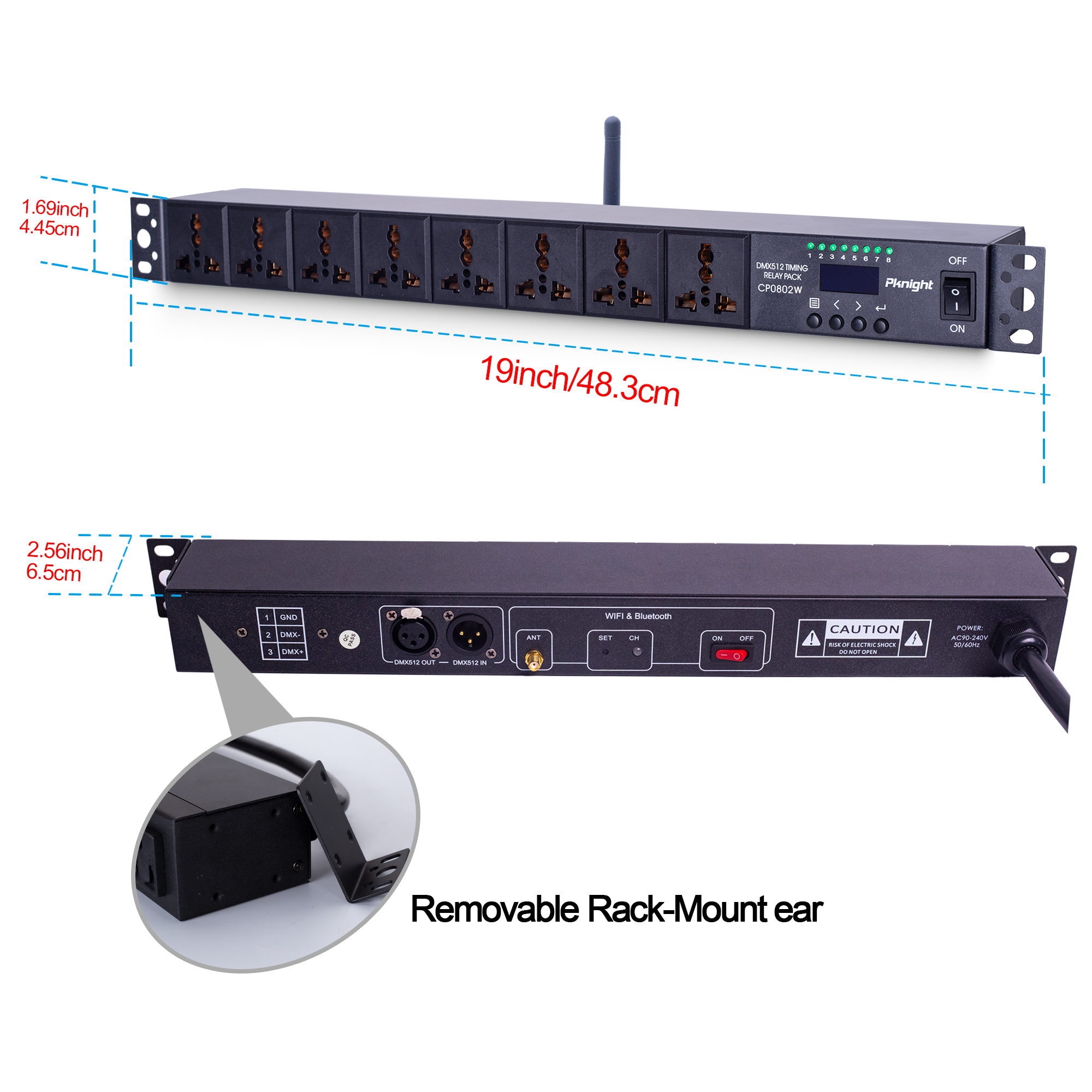 Pknight 2.4G Wireless WiFi & RS485 8-Outlet Smart PDU DMX Relay – Programmable Power Sequencer with DMX512 Control, Rack-Mount Power Distribution Unit for Home & Studio