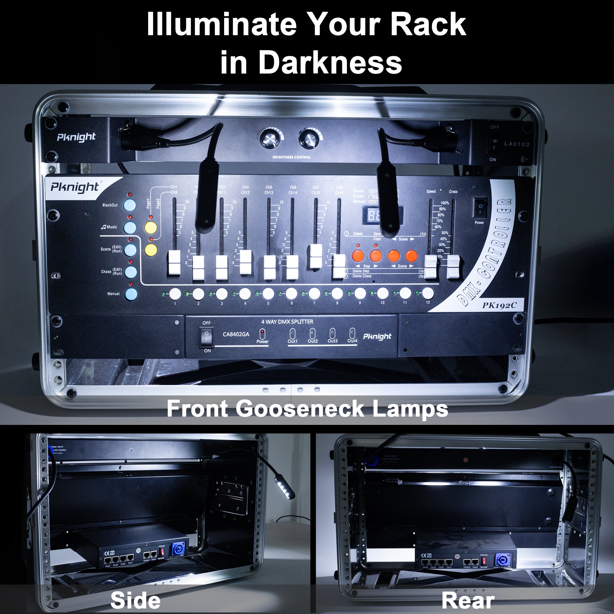 Pknight Rack Mount Gooseneck LED Light, 3 Dimmable Lamps, PowerCON Input, Brightness Control, Detachable XLR, Metal Housing – LA0102