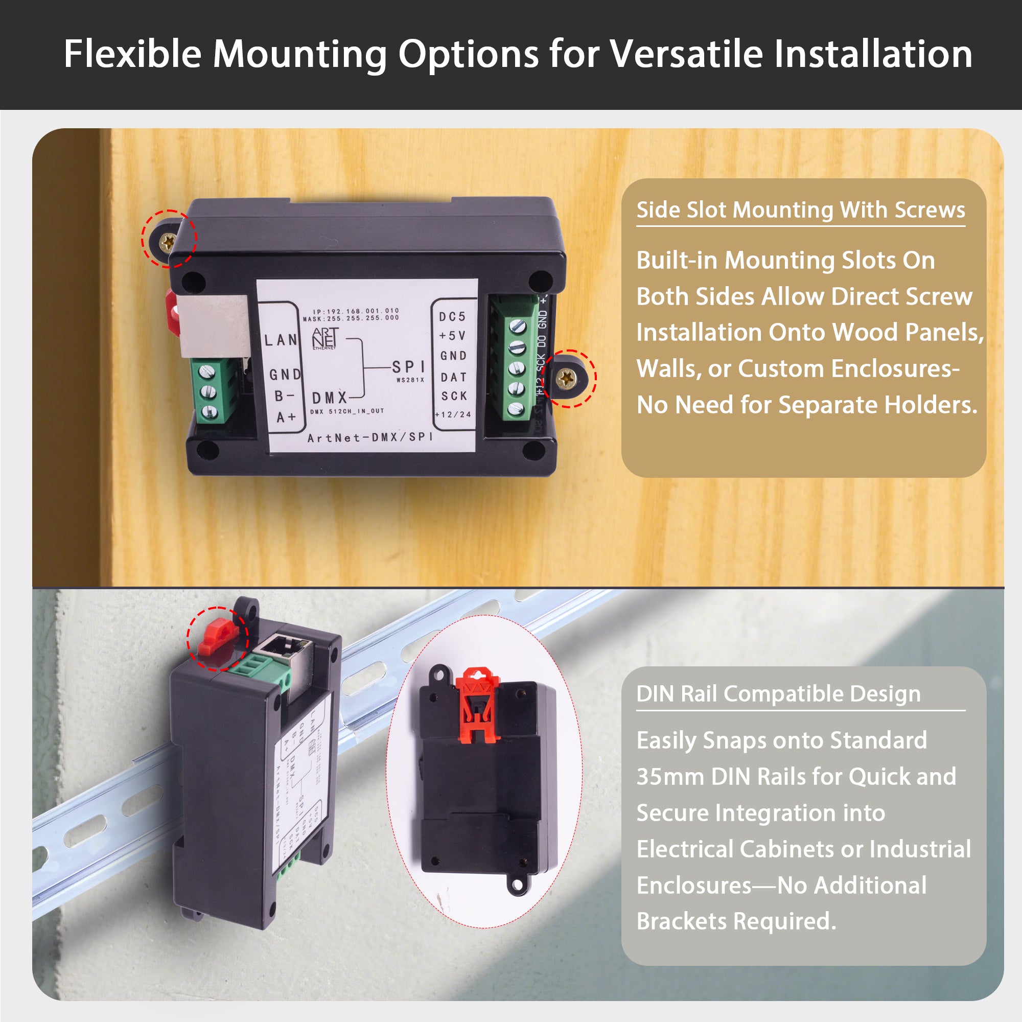 Pknight Art-Net to DMX/SPI LED Controller – Compact Ethernet Node with WLED Firmware, Web Configurable, Supports 512 DMX or 2048 SPI Channels – PK-WLED-ASD1M