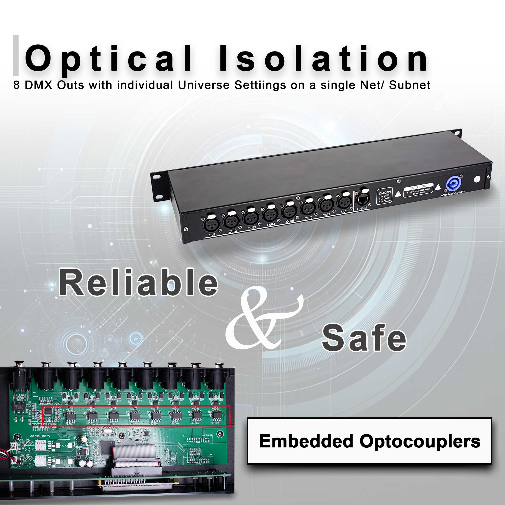 Pknight ArtNet DMX Interface, 8-Channel, 19" Rack, 1U Stage Lighting Network Control , CR061S