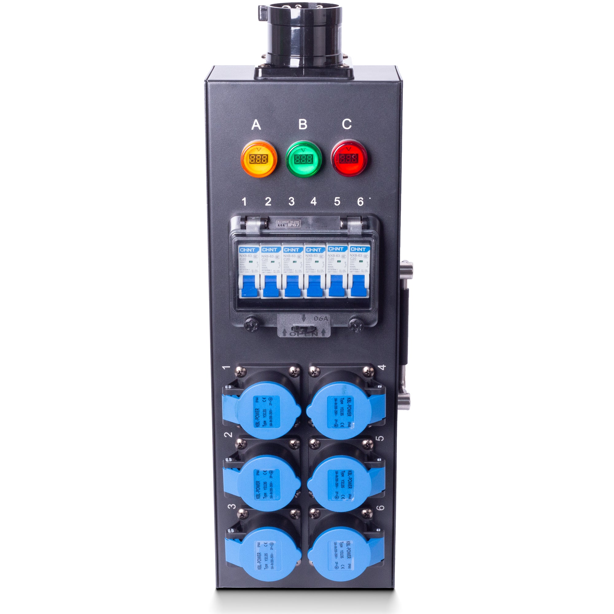 PKnight Non-Waterproof 6-Channel Stage Power Distribution Box, 5-Pin Three-Phase Power Input, 6 Blue Output Sockets, Circuit Breakers and A/B/C Voltage Indicators for Indoor Stage Lighting