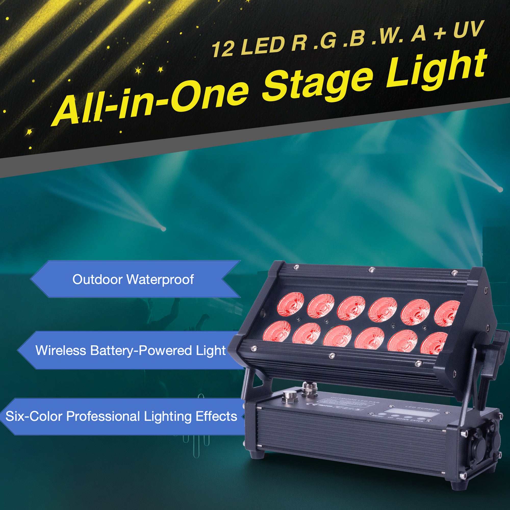 Pknight 12×18W RGBWA+UV LED Wash Light, Rechargeable Battery Powered Wireless DMX Uplighting, IP65 Waterproof Stage Lighting with APP & Sound Control for DJ Wedding Party Events