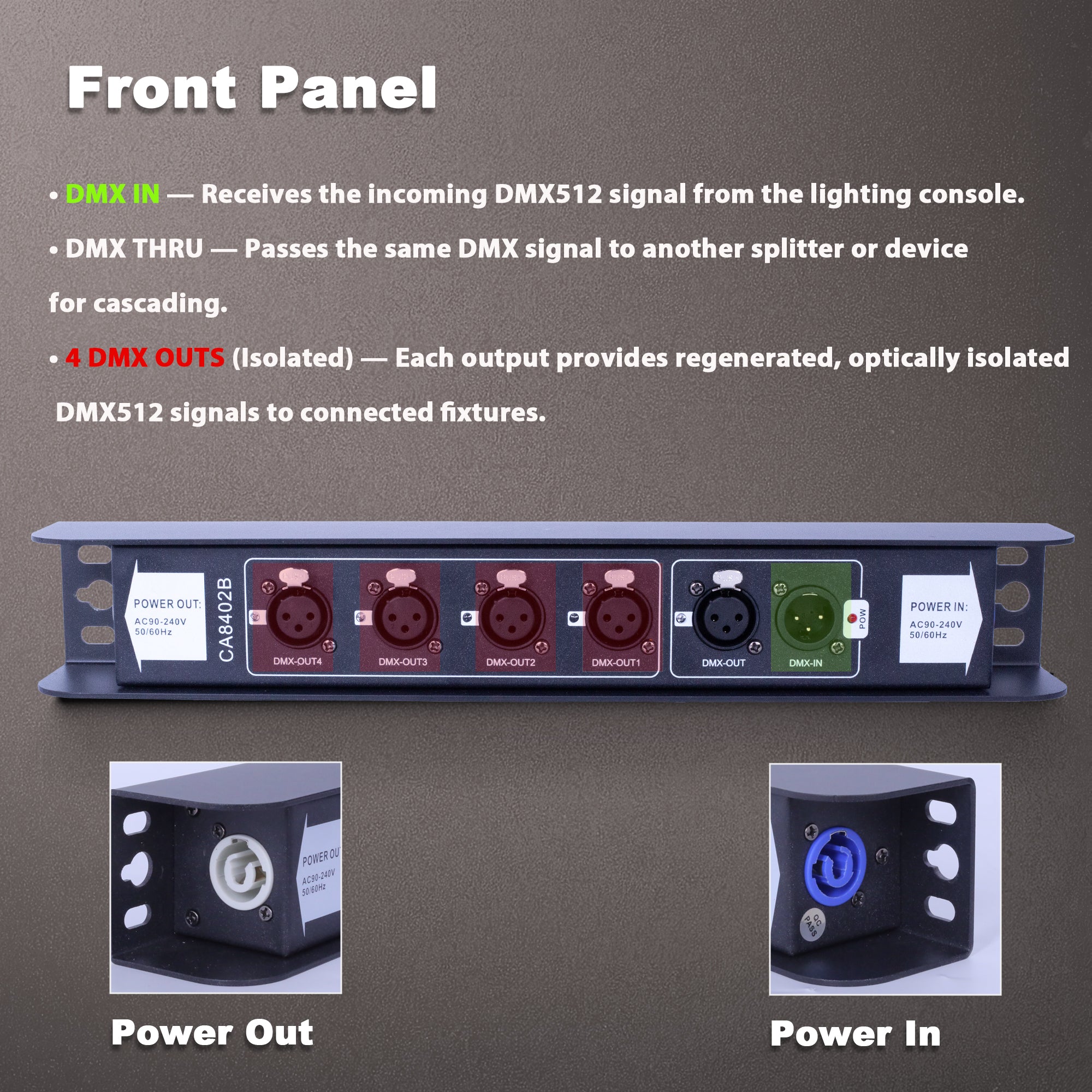 Pknight DMX512 Splitter 1 In 4 Out, Optically Isolated DMX Distributor & Signal Amplifier with PowerCON In/Out Daisy Chain, Truss-Mountable 3-Pin XLR Signal Booster for Stage Lighting Consoles