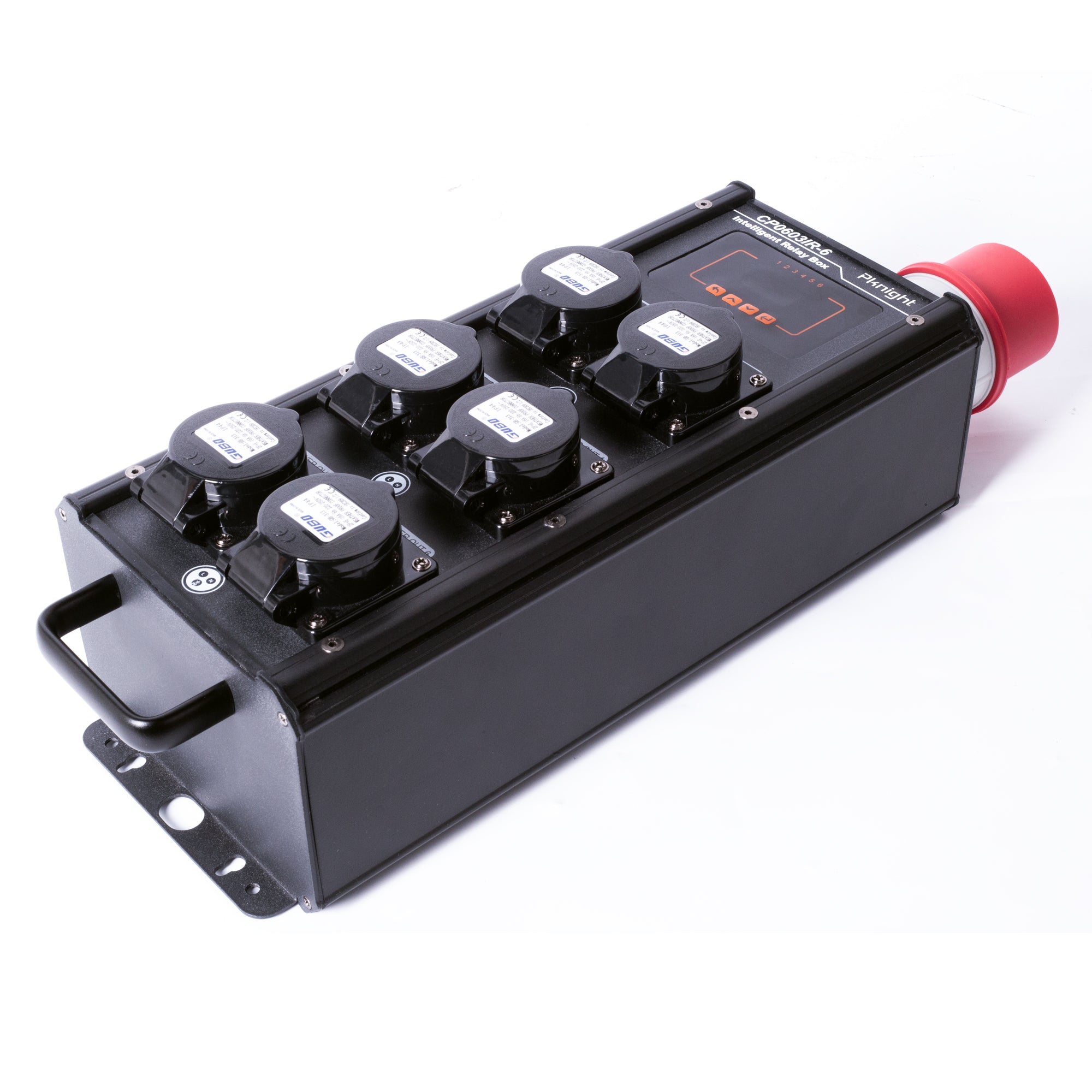 PKnight CP0603IR-6 Intelligent Relay Box, 6-Channel Stage Power Distributor with 5-Pin Industrial Power Input, 6 Power Output Sockets, Digital Control Display, DMX IN/OUT Ports and Rugged Black Enclosure for Stage Lighting, Events and Touring