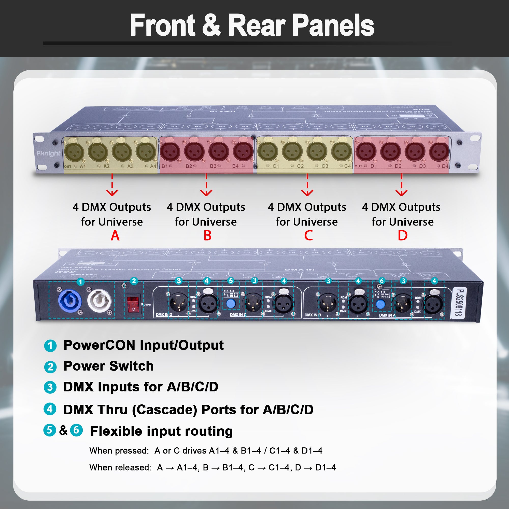Pknight 16-Output DMX & RDM Splitter, 4×4 DMX Distributor with Optical Isolation, LED Signal Indicators, Rack-Mount Stage Lighting Hub