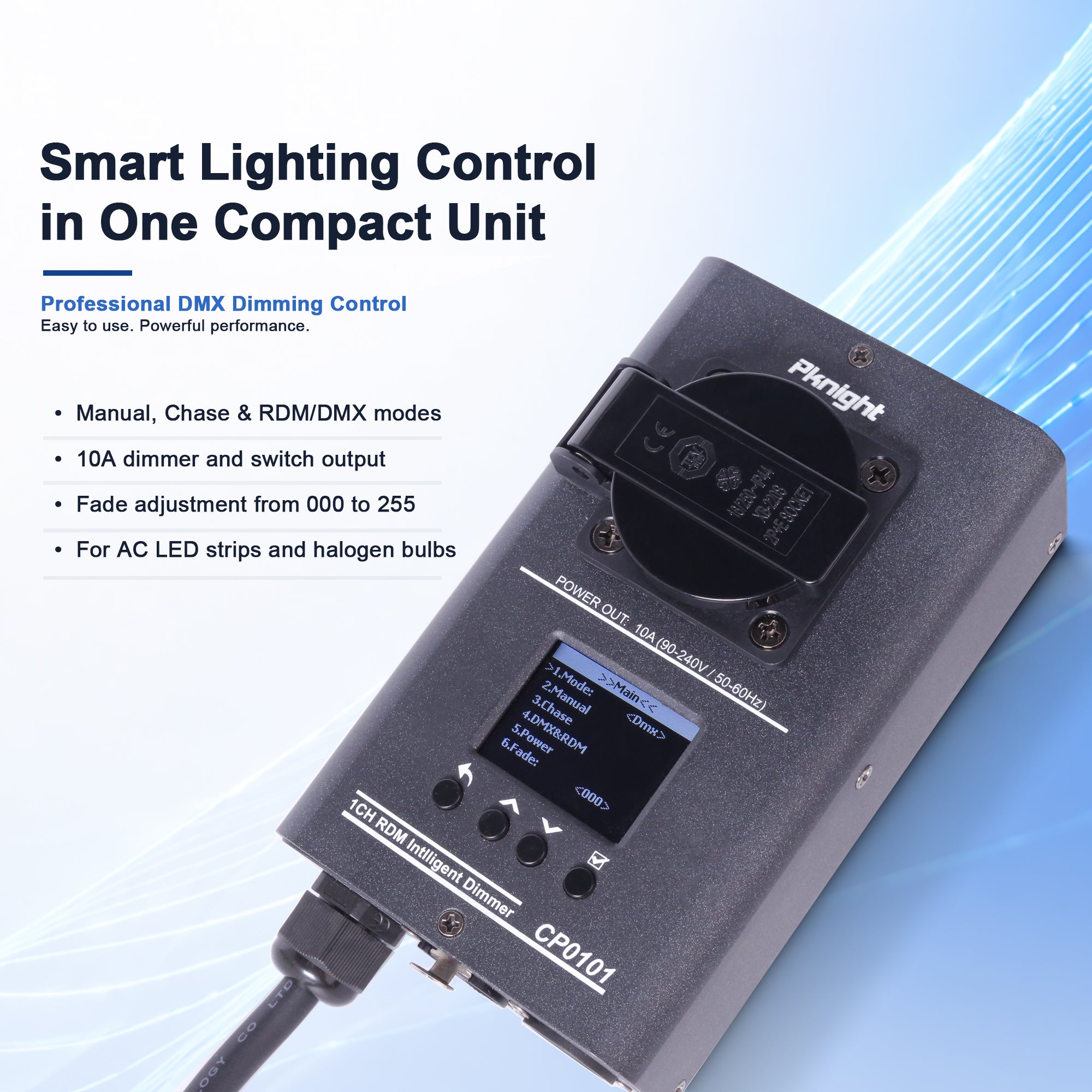 1-Channel DMX Dimmer Pack, RDM/DMX512 Lighting Controller, 10A AC 90-240V, for Dimmable AC LED Strip Lights and Halogen Bulbs, Manual, Chase and DMX Modes