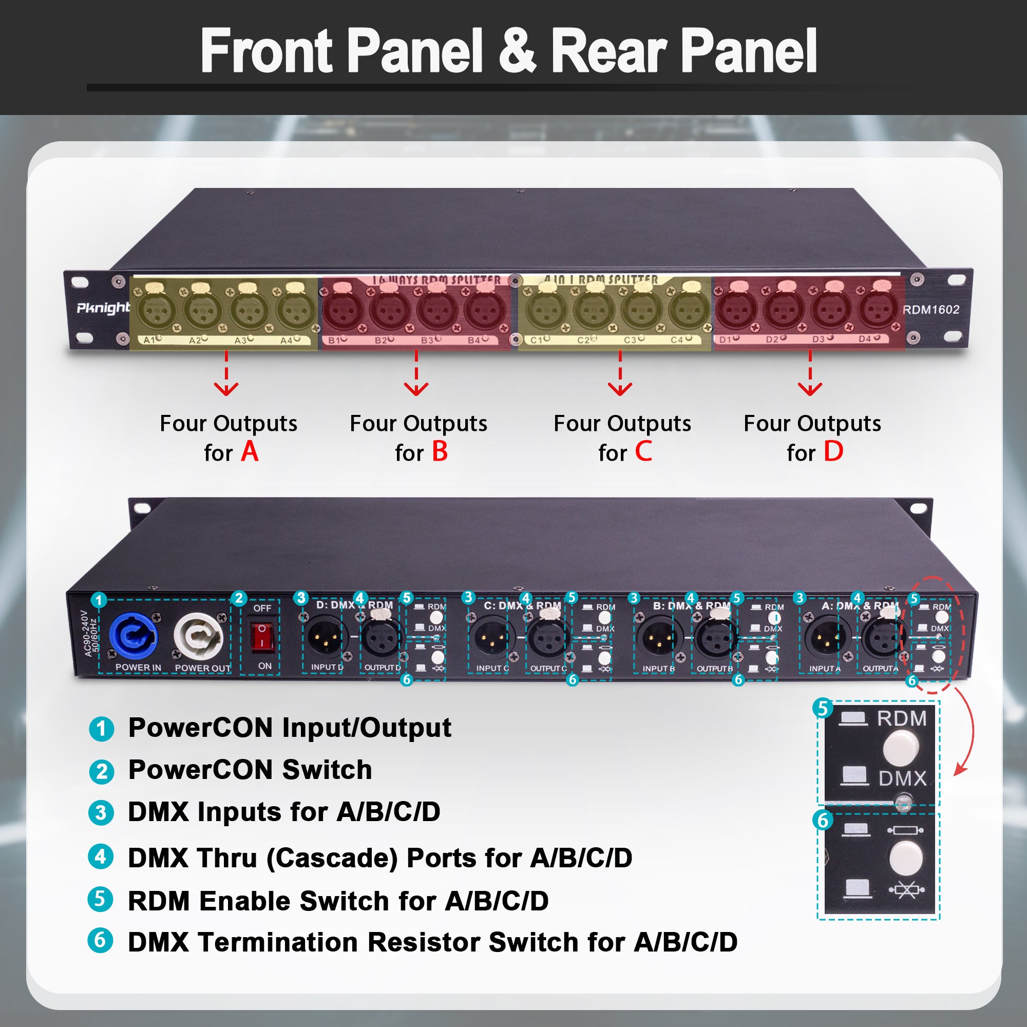 Pknight  16-Channel DMX & RDM Signal Splitter, Optically Isolated DMX Distributor with RDM Switch, Termination & LED Indicators RDM1602