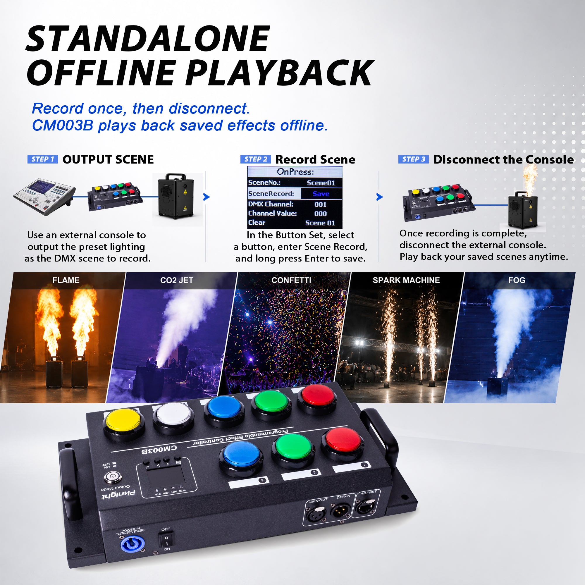 CM003B 8-Button DMX Scene Recorder Controller, 16 Scene Actions, 18650 Battery Slot, DMX512 Art-Net sACN Playback