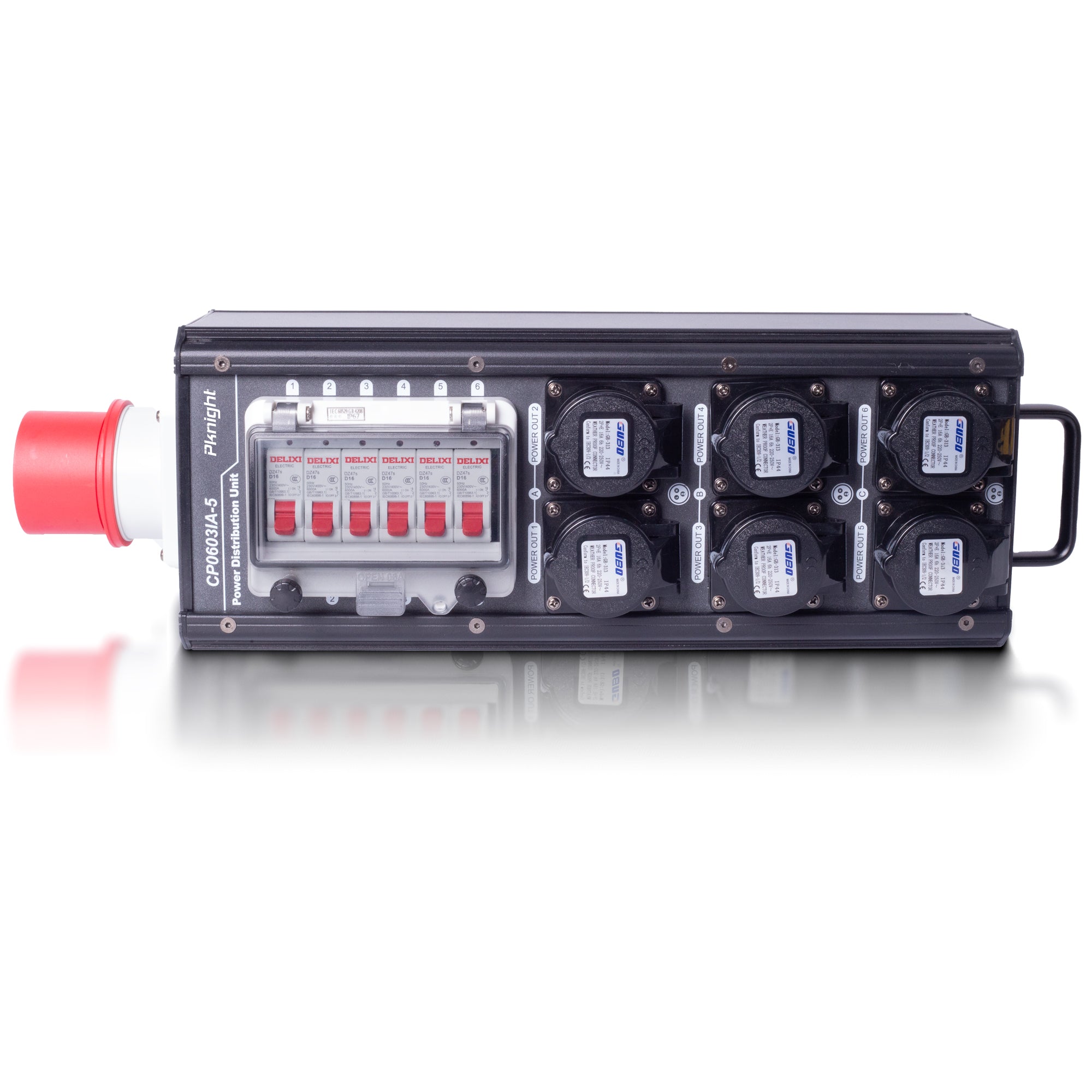 Pknight CP0603IA-5 Waterproof 6-Channel Stage Power Distribution Box, 5-Pin Three-Phase Power Input, 6 Power Output Sockets with Circuit Breakers, Outdoor Power Distro Unit for Stage Lighting and EventsPKnight