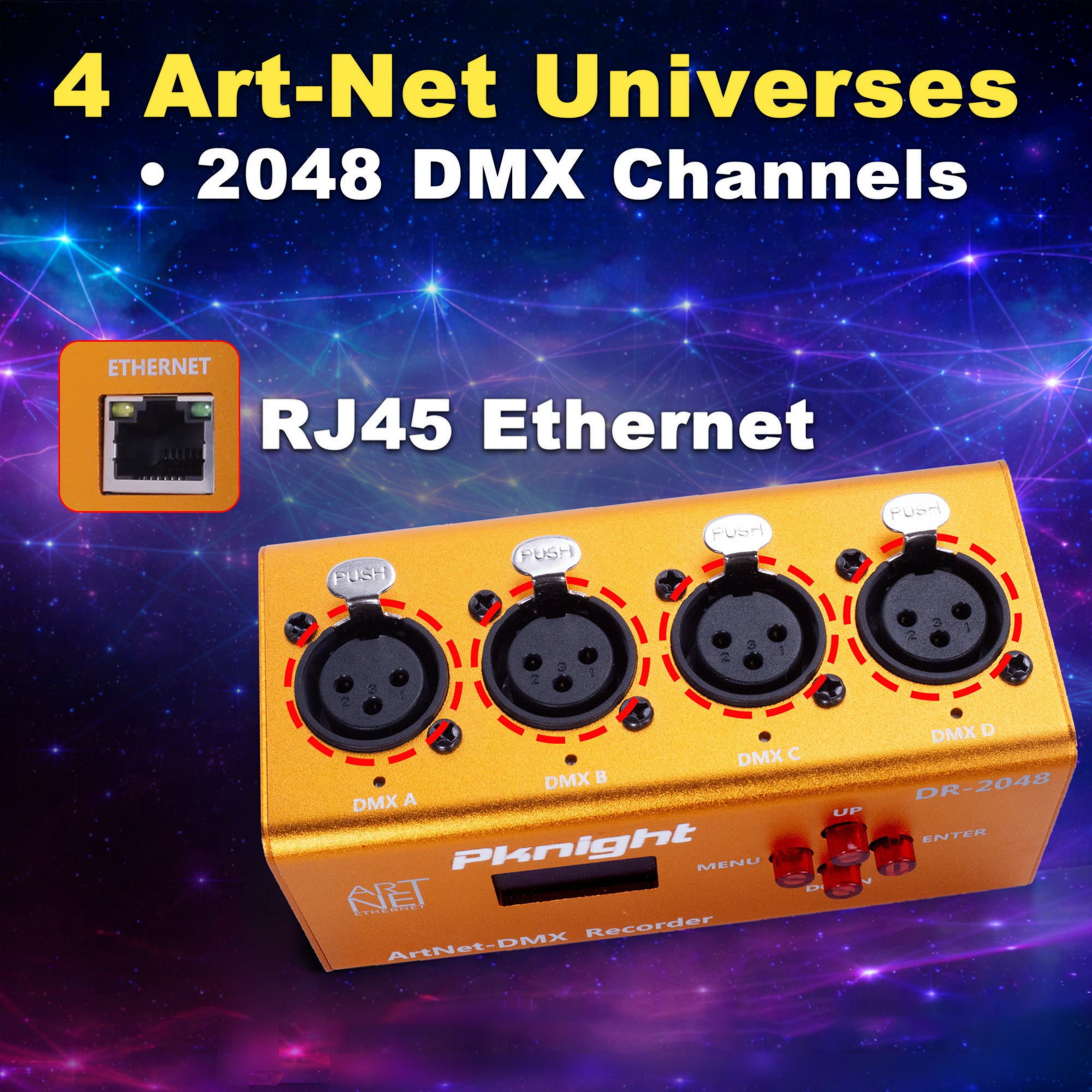 Pknight Art-Net DMX Recorder/Player, 4 Universes (2048 Ch), Standalone microSD Playback, RDM-Ready 4-Port Node