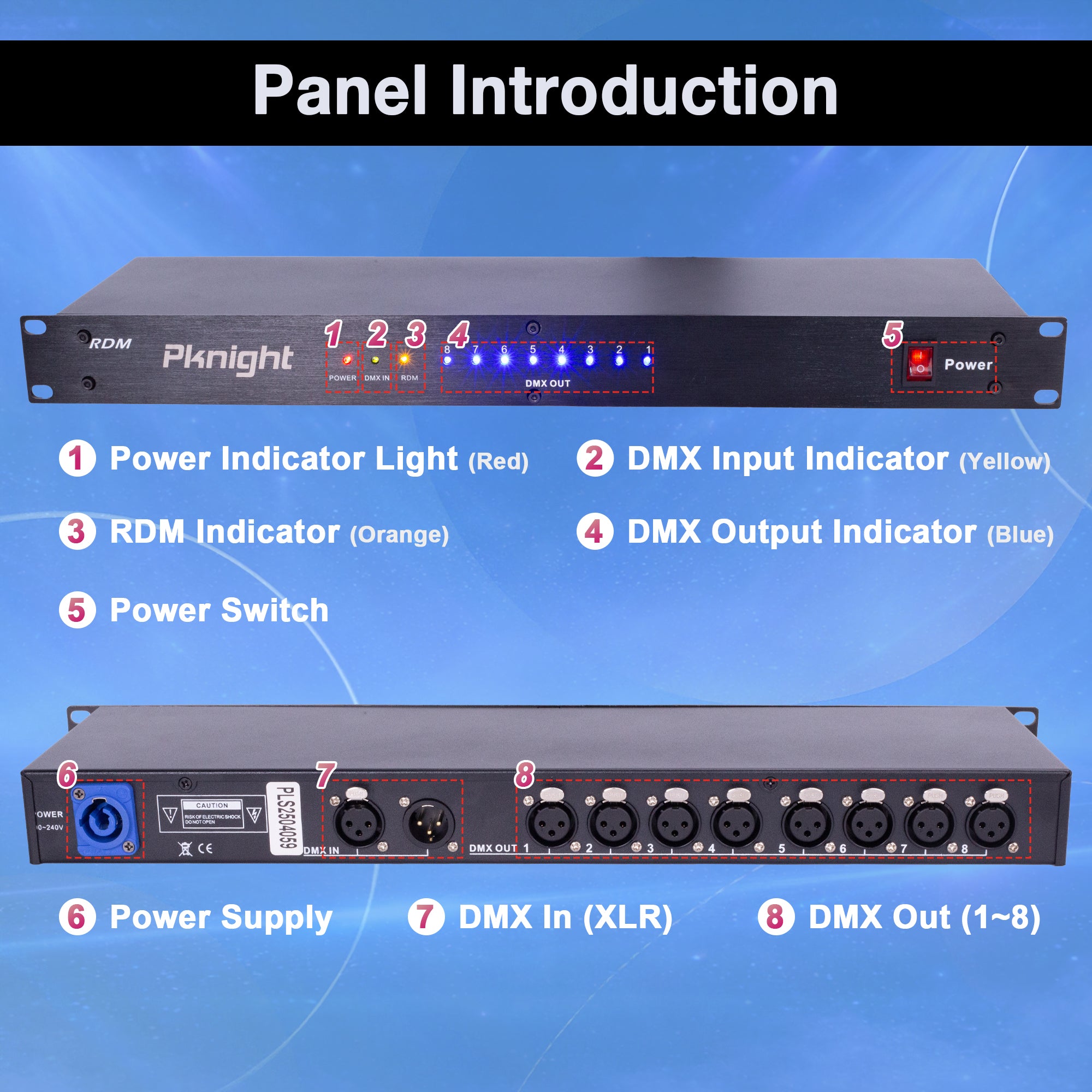 Pknight 8ch DMX & RDM Splitter, DMX512 Signal Distributor with Optical Isolation, Signal Amplifier for Stage Lighting