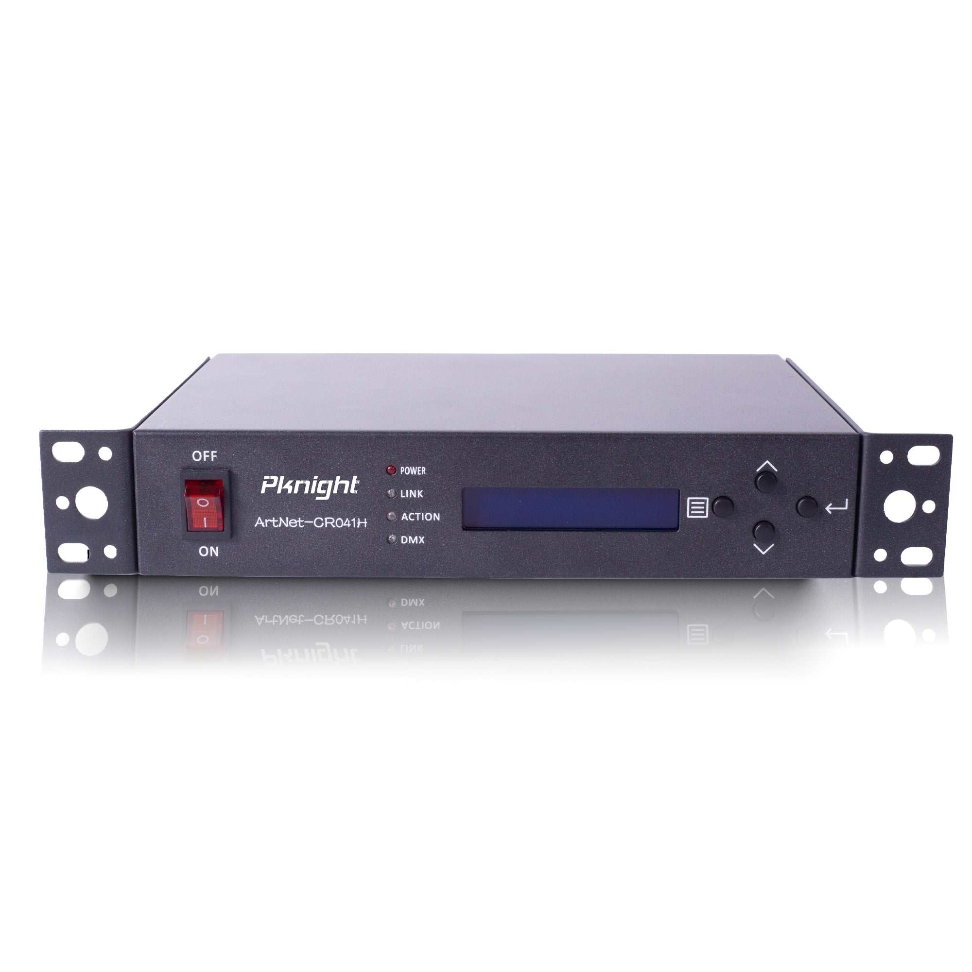 PKnight CR041H Art-Net to DMX512 Converter, 4-Port DMX Output Network Node, 2048-Channel DMX Controller Interface with LCD Menu, RJ45 Art-Net Input, AC 90-240V, 19-Inch Rack or Clamp Mount for Stage Lighting