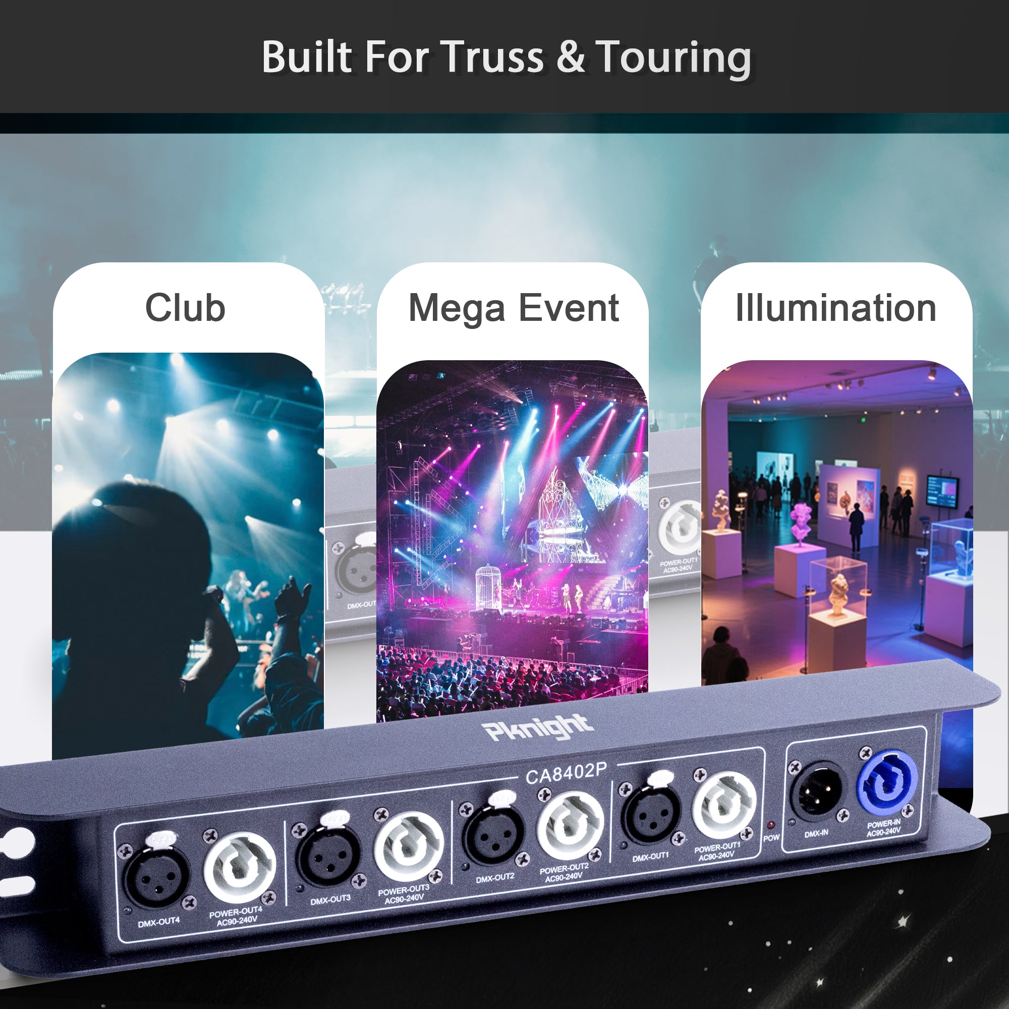 Pknight DMX512 Splitter Amplifier, 1 In 4 Out, with 4× PowerCON Locking AC Power Outputs, Optically Isolated DMX Ports, Truss/Wall Mount Stage Lighting DMX Distributor for DJ, Theater, Club