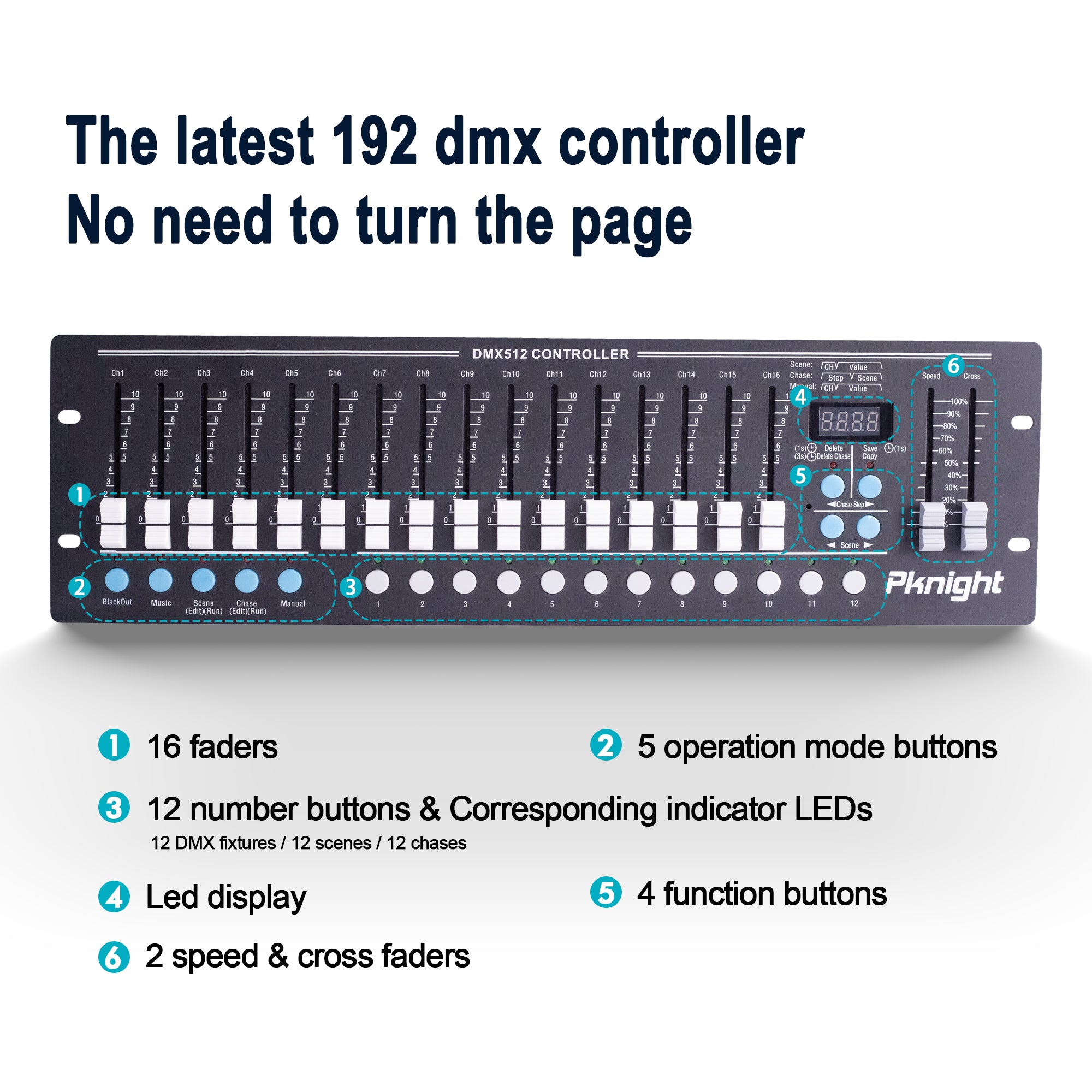 PKnight 16-Fader DMX Controller with 192-Channel Output Support, Designed for DJs, KTV, and Stage Lighting